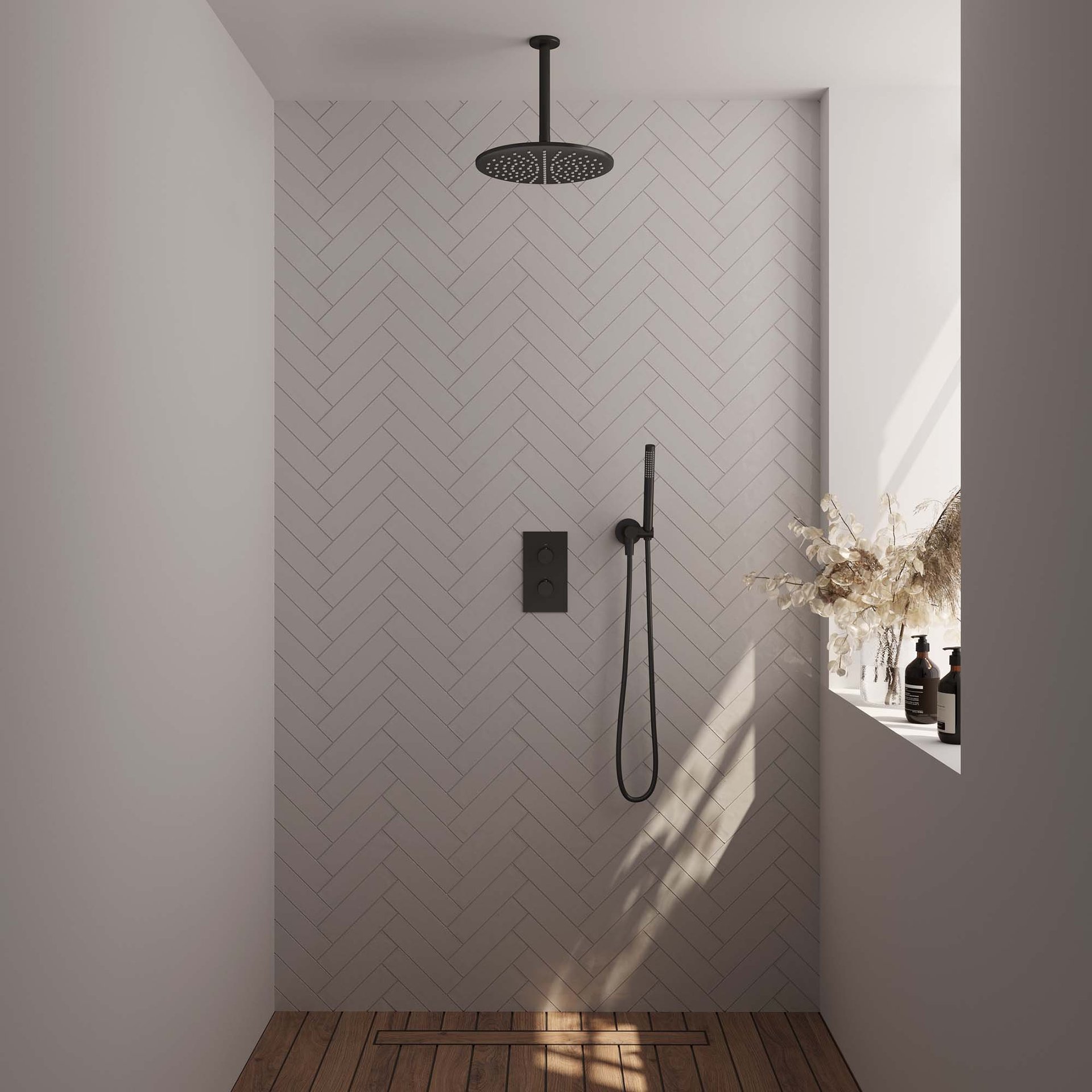 BRAUER Black Edition thermostatische inbouw regendouche 3-weg rechthoekig SET 30 met 30 cm douchekop en plafondarm en staaf handdouche en doucheslang en wandaansluitbocht mat zwart