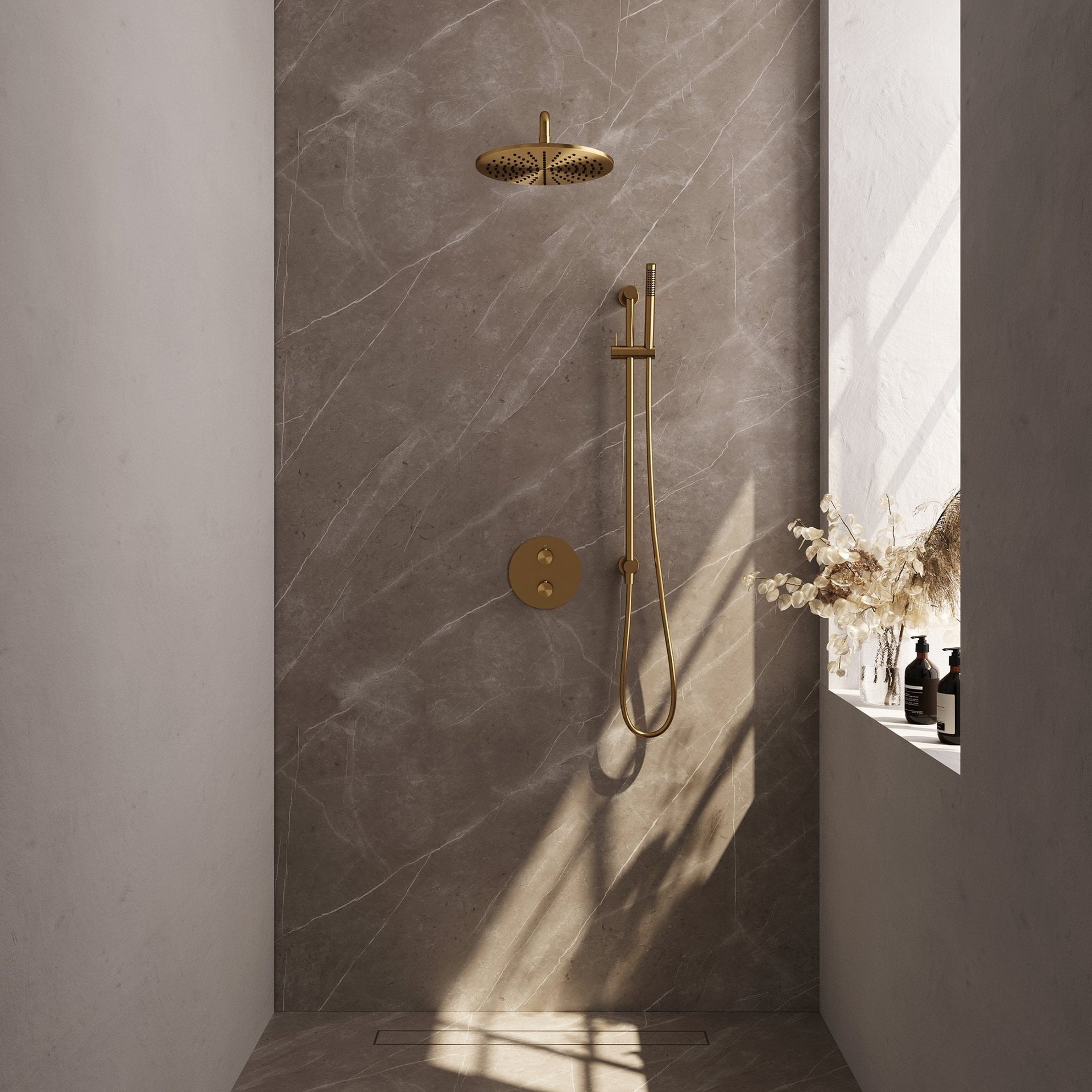 BRAUER Gold Edition thermostatische inbouw regendouche 3-weg rond SET 88 met 30 cm douchekop en gebogen muurarm en staaf handdouche en doucheslang en geïntegreerde glijstang goud geborsteld PVD