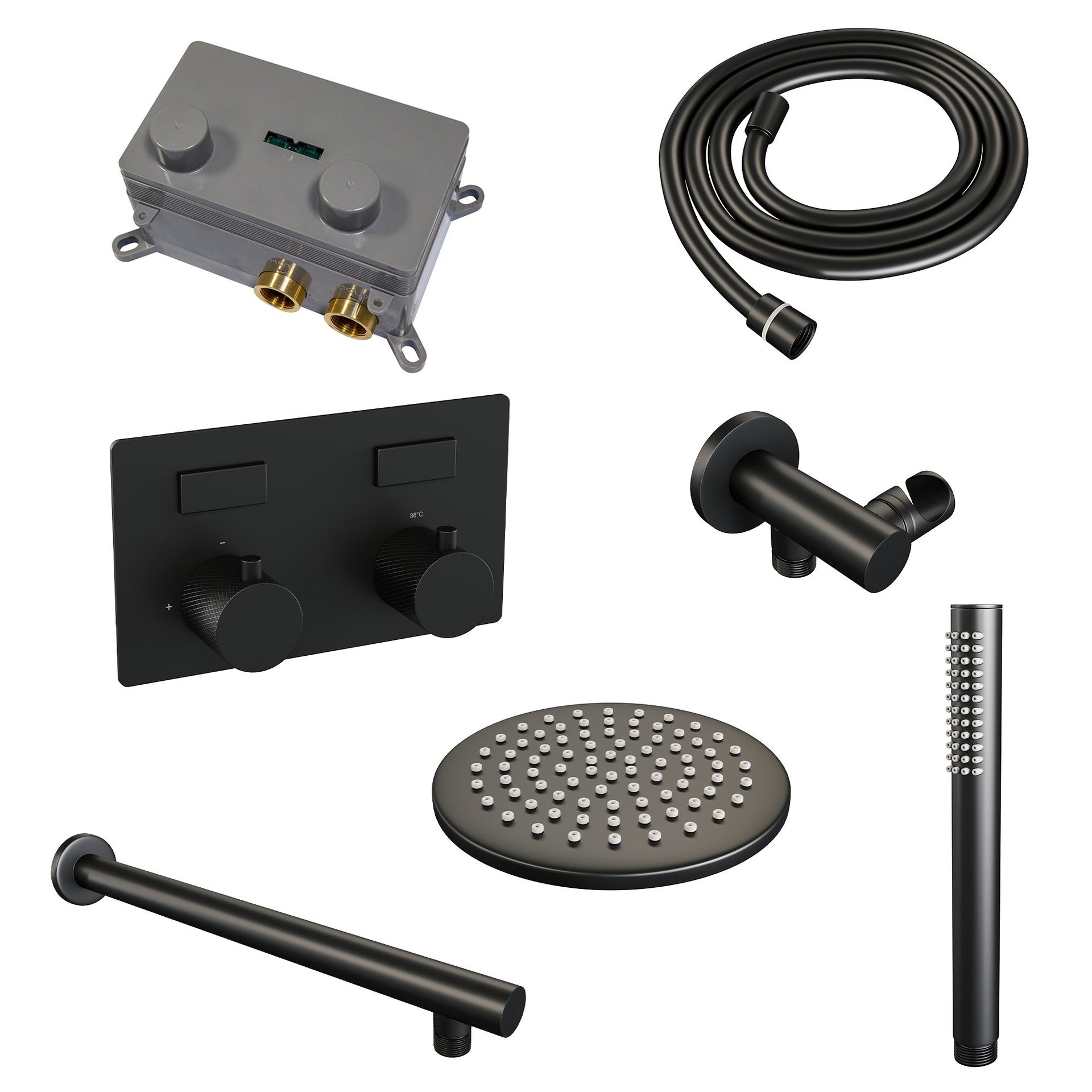 BRAUER Black Carving thermostatische inbouw regendouche met drukknoppen SET 49 met 20 cm douchekop en rechte muurarm en staaf handdouche en doucheslang en wandaansluitbocht mat zwart