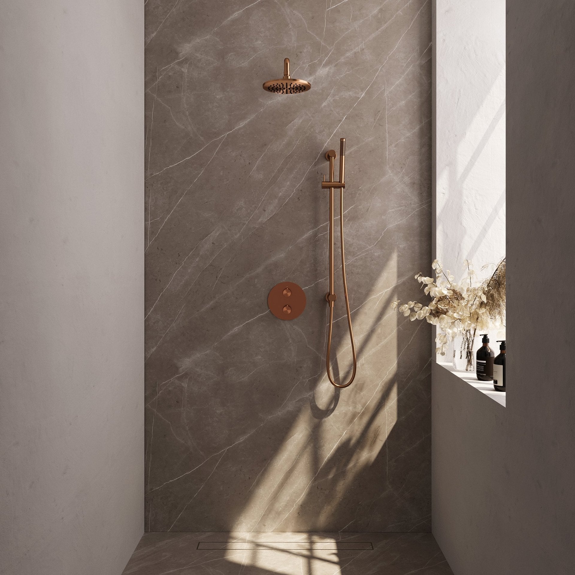BRAUER Copper Edition thermostatische inbouw regendouche 3-weg rond SET 87 met 20 cm douchekop en gebogen muurarm en staaf handdouche en doucheslang en geïntegreerde glijstang koper geborsteld PVD