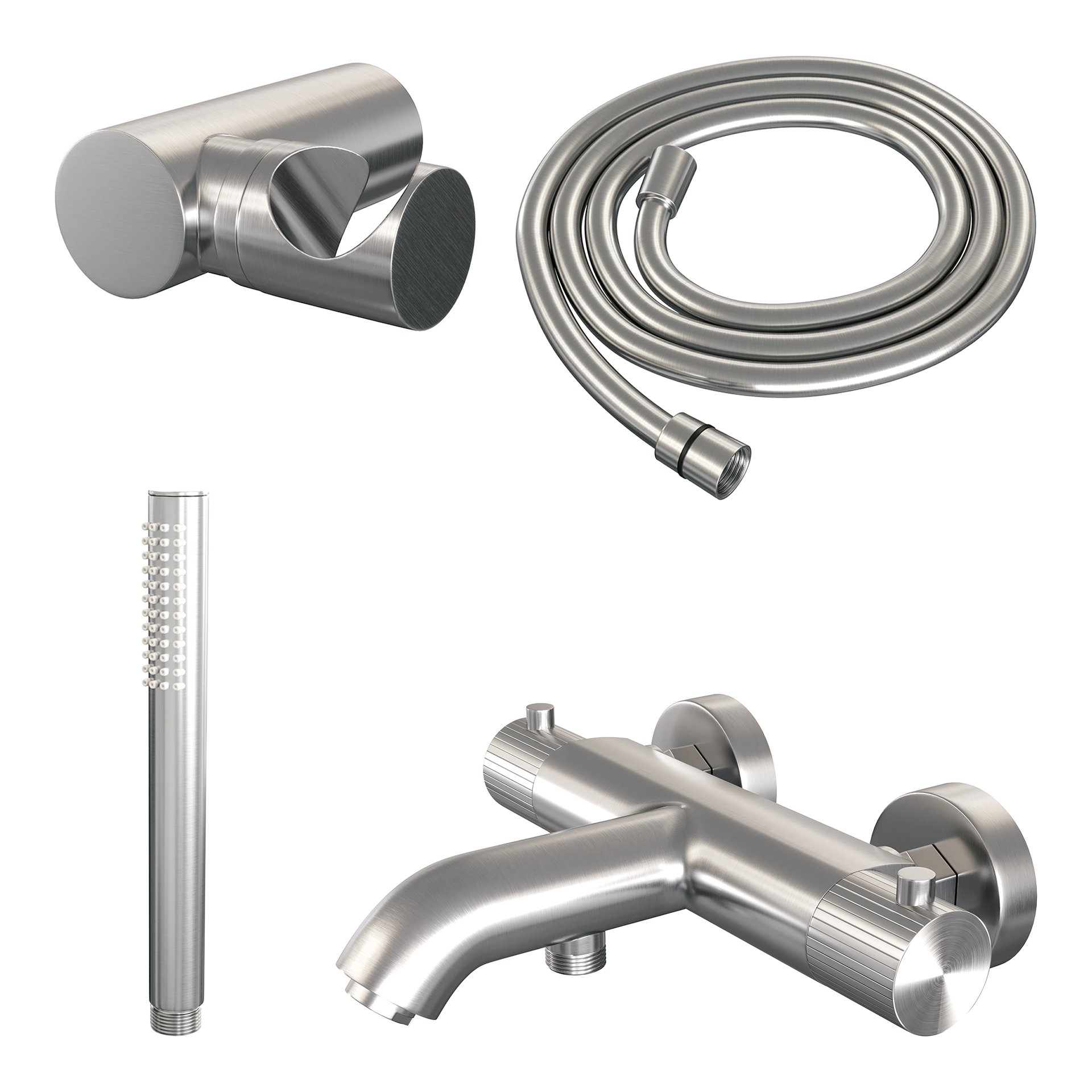 BRAUER Stripe opbouw baddouche thermostaatkraan SET 03 met wandhouder en staaf handdouche en doucheslang RVS-kleurig geborsteld PVD