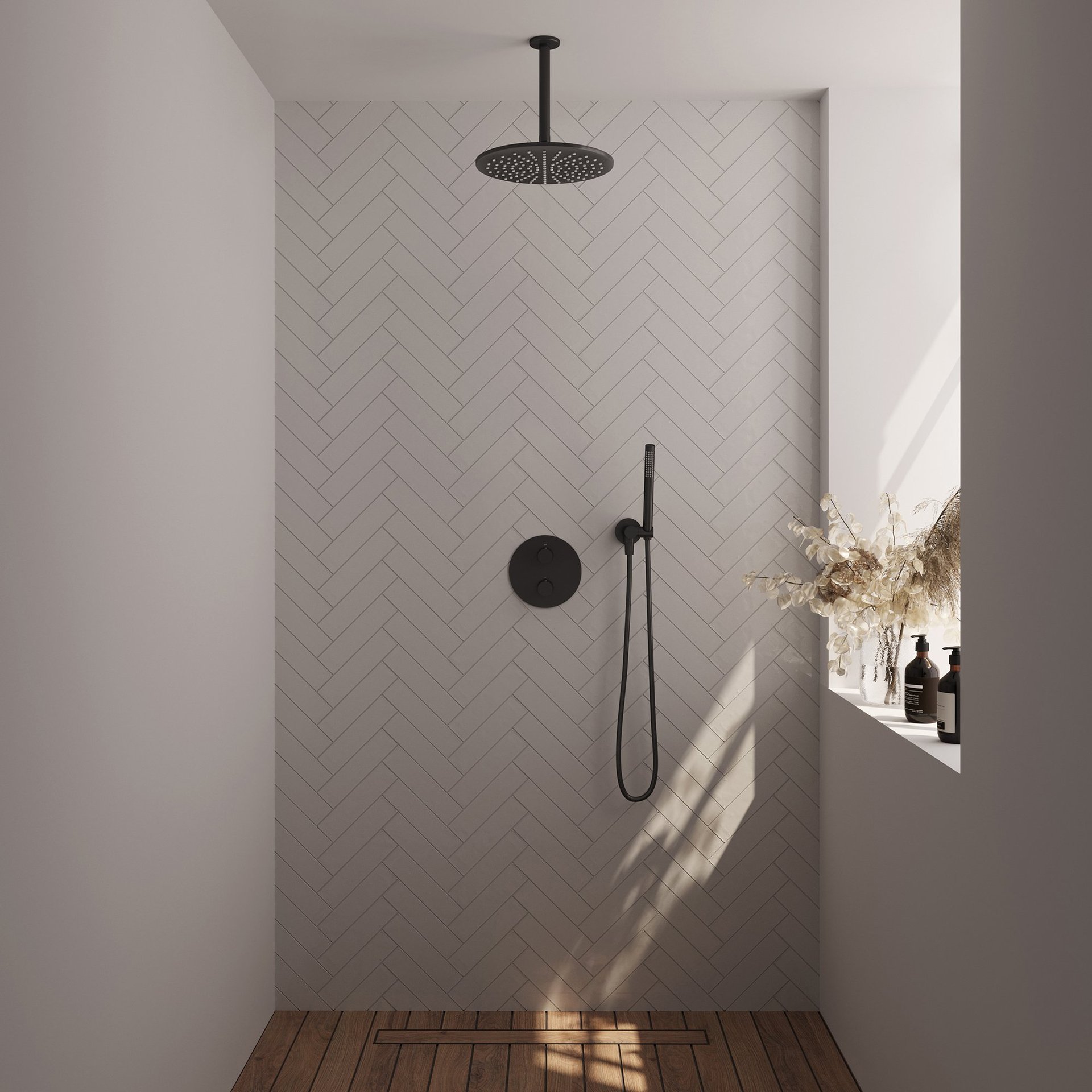 BRAUER Black Carving thermostatische inbouw regendouche 3-weg rond SET 78 met 30 cm douchekop en plafondarm en staaf handdouche en doucheslang en wandaansluitbocht mat zwart