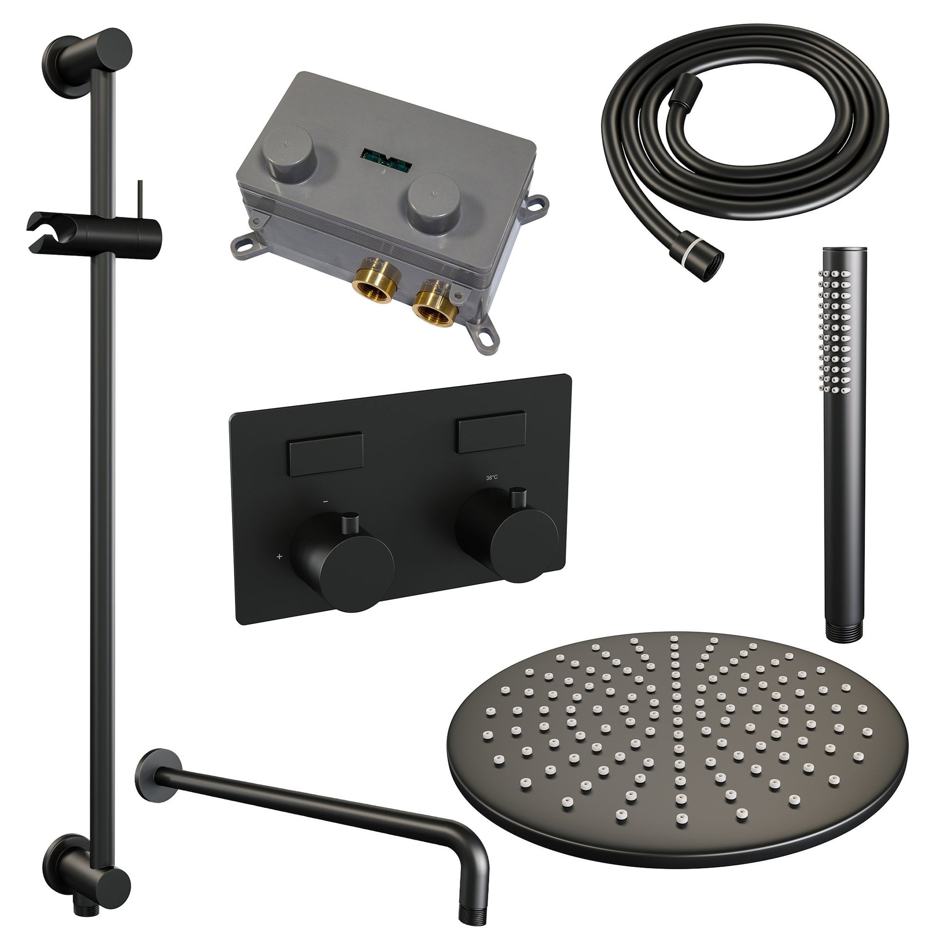 BRAUER Black Edition thermostatische inbouw regendouche met drukknoppen SET 64 met 30 cm douchekop en gebogen muurarm en staaf handdouche en doucheslang en geïntegreerde glijstang mat zwart
