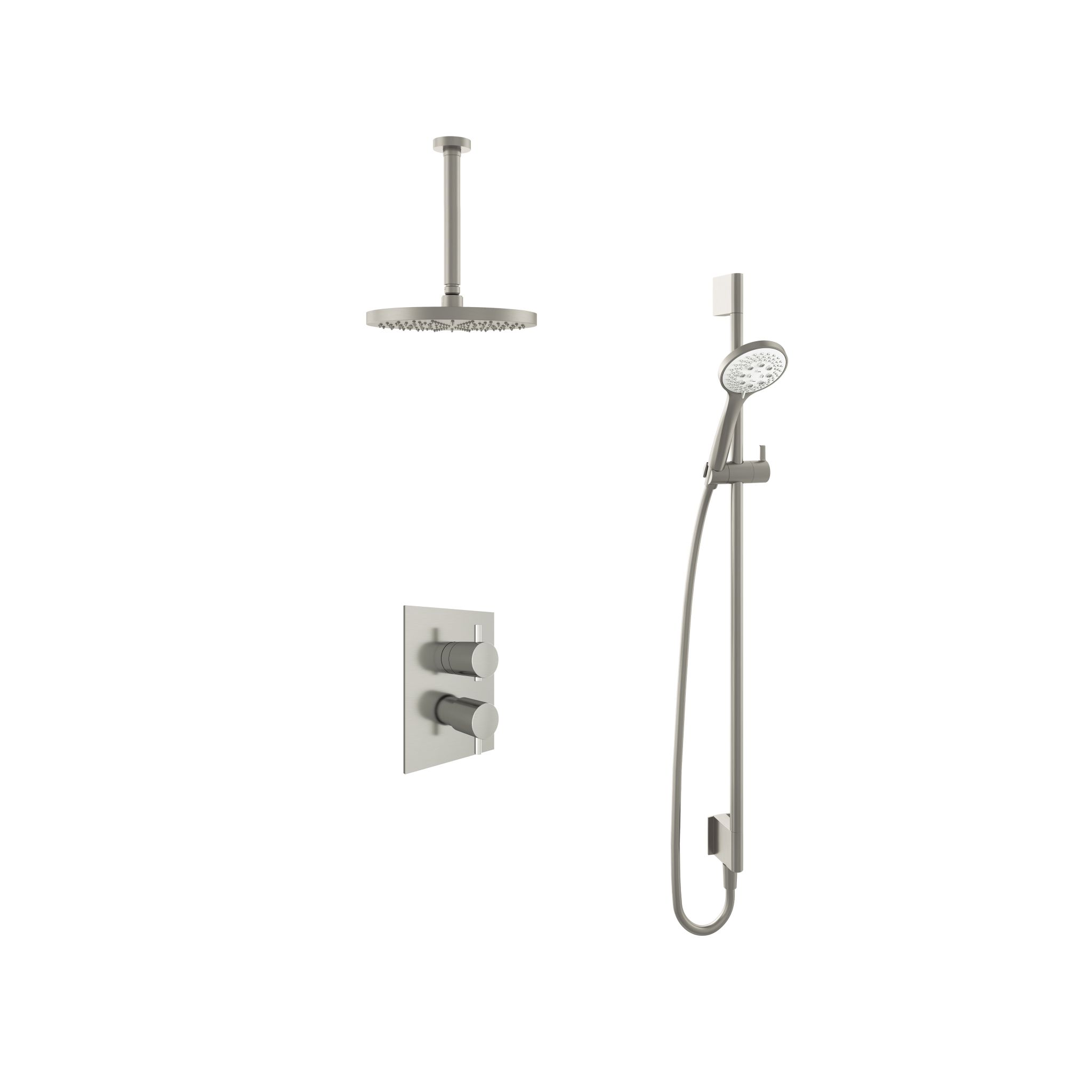 Hotbath Laddy Inbouw Regendoucheset Rond-Vierkant Met 2-Weg-Omstel, Plafondbuis 30cm, Hoofddouche 25cm, 3-Standen Handdouche En Glijstang Geborsteld Nikkel