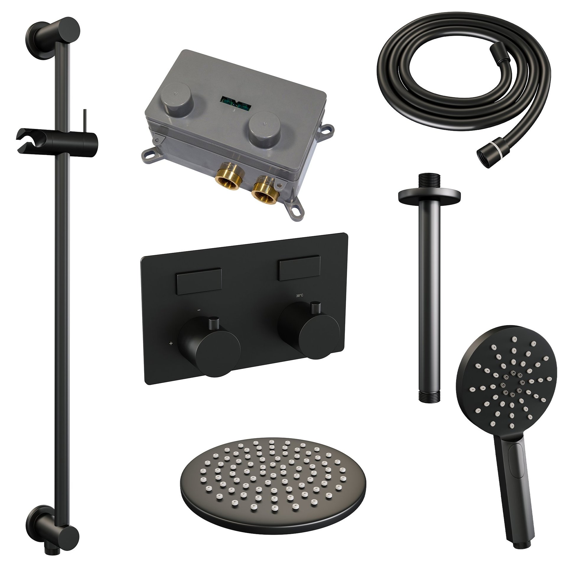 BRAUER Black Edition thermostatische inbouw regendouche met drukknoppen SET 71 met 20 cm douchekop en plafondarm en 3-standen handdouche en doucheslang en geïntegreerde glijstang mat zwart