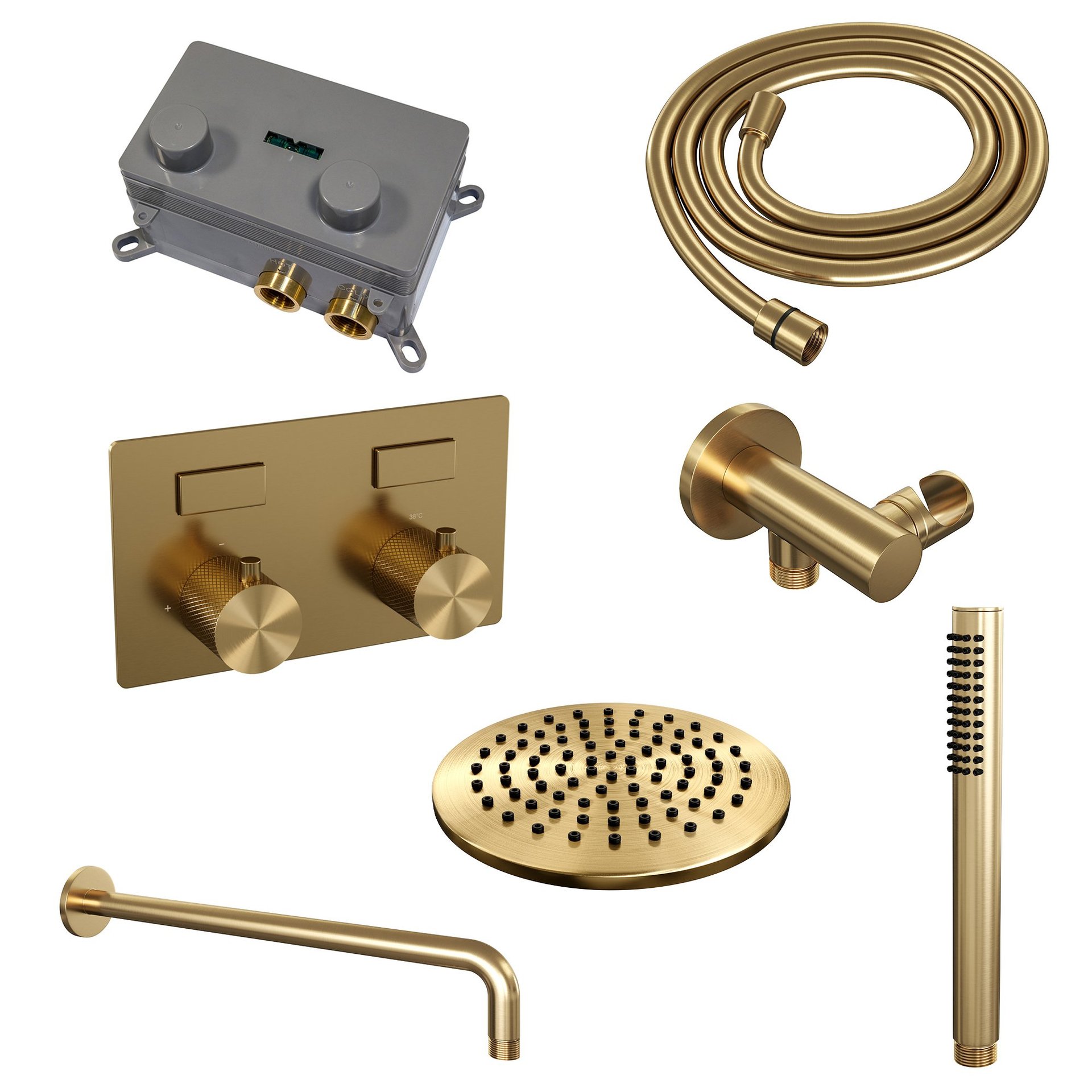 BRAUER Gold Carving thermostatische inbouw regendouche met drukknoppen SET 51 met 20 cm douchekop en gebogen muurarm en staaf handdouche en doucheslang en wandaansluitbocht goud geborsteld PVD