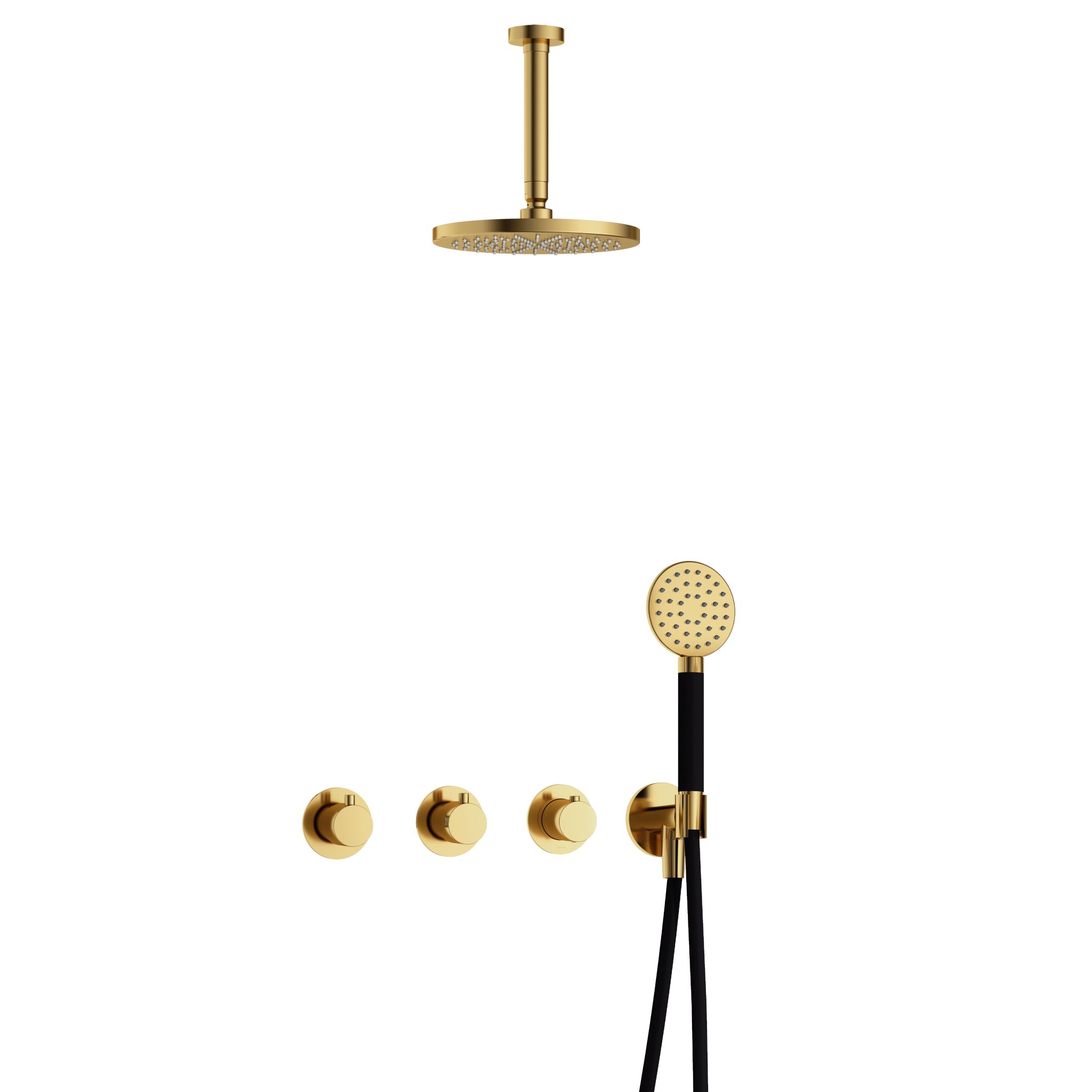 Hotbath Cobber Inbouw Regendoucheset Met Thermostaatkraan, 2 Stopkranen, Plafondbuis 15cm, Hoofddouche 20cm En 3-Standen Handdouche Gepolijst Messing PVD
