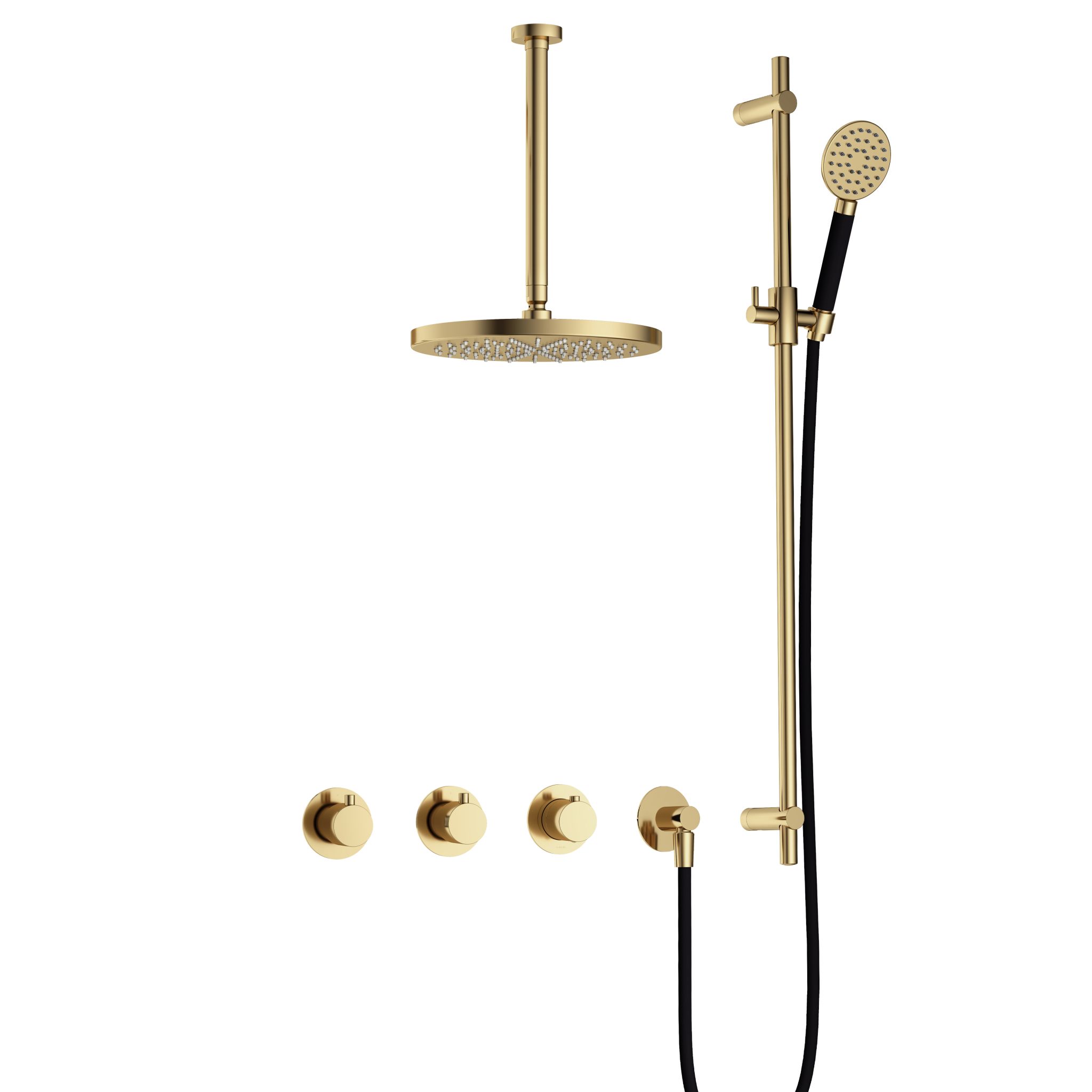 Hotbath Cobber Inbouw Regendoucheset Met Thermostaatkraan, 2 Stopkranen, Plafondbuis 30cm, Hoofddouche 30cm, 3-Standen Handdouche En Glijstang Gepolijst Messing