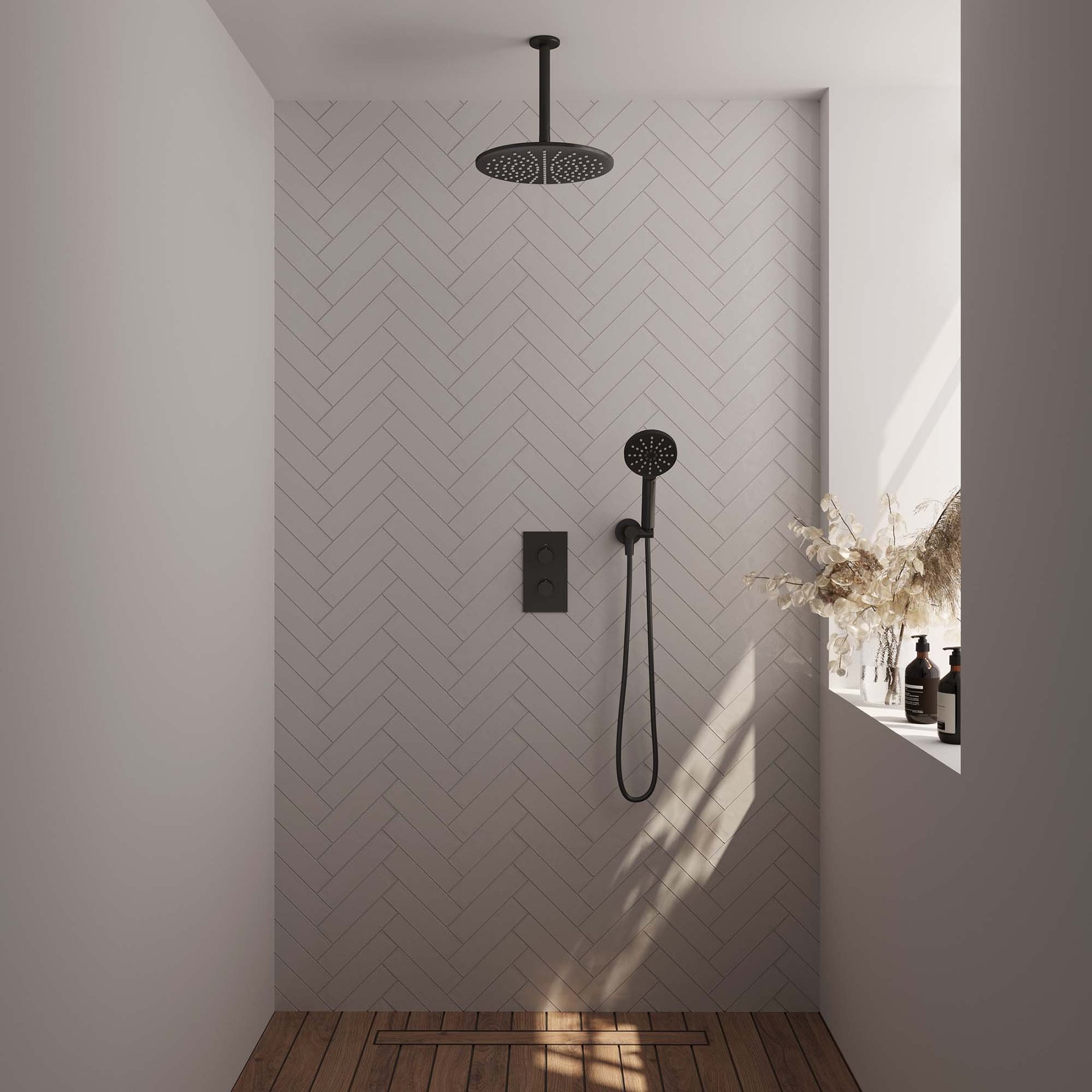 BRAUER Black Edition thermostatische inbouw regendouche 3-weg rechthoekig SET 36 met 30 cm douchekop en plafondarm en 3-standen handdouche en doucheslang en wandaansluitbocht mat zwart