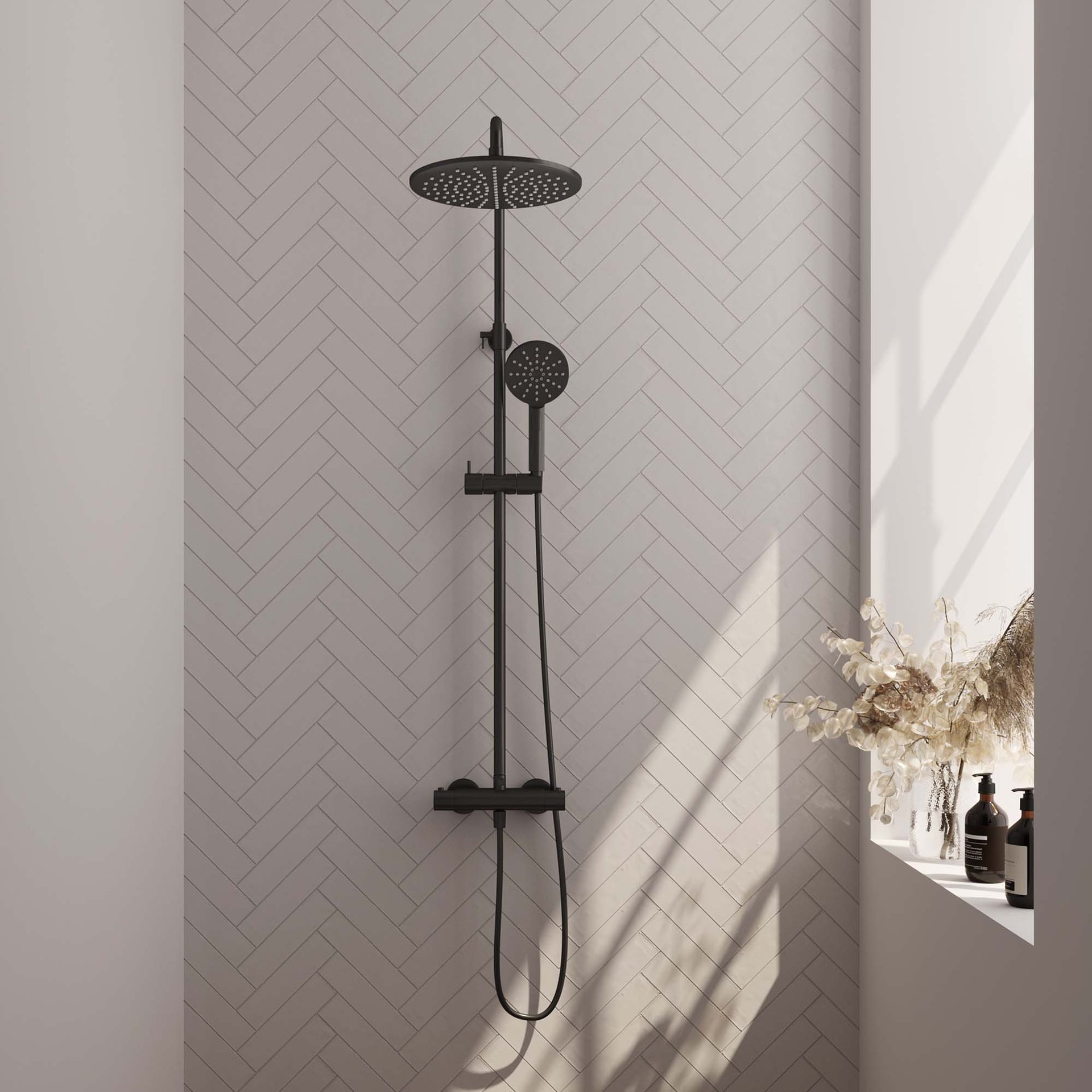 BRAUER Black Edition opbouw thermostatische regendouche SET 04 met 30 cm hoofddouche en 3-standen handdouche en doucheslang mat zwart