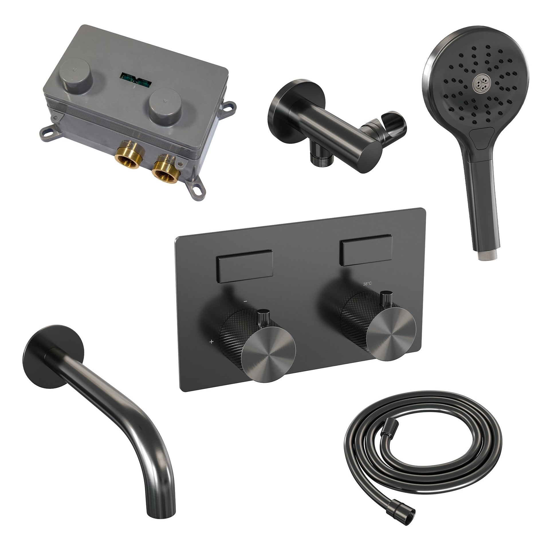 BRAUER Gunmetal Carving thermostatische inbouw badkraan met drukknoppen SET 04 met uitloop en 3-standen handdouche en doucheslang en wandaansluitbocht gunmetal geborsteld PVD