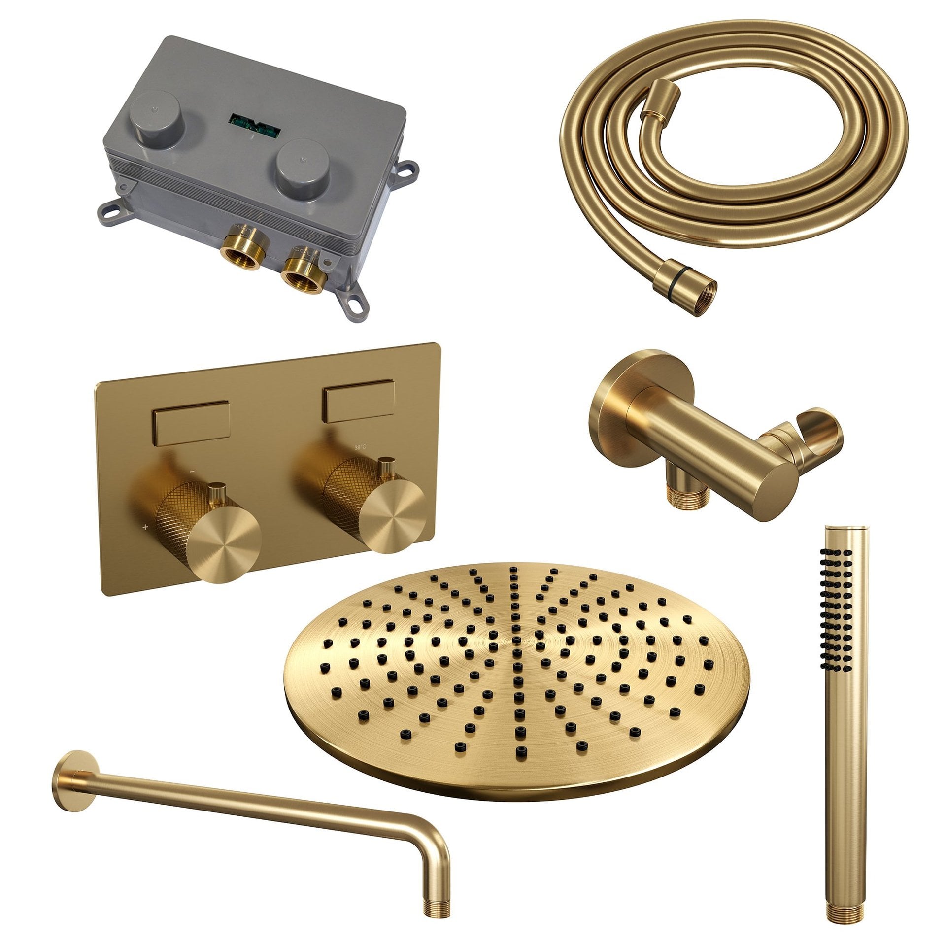 BRAUER Gold Carving thermostatische inbouw regendouche met drukknoppen SET 52 met 30 cm douchekop en gebogen muurarm en staaf handdouche en doucheslang en wandaansluitbocht goud geborsteld PVD