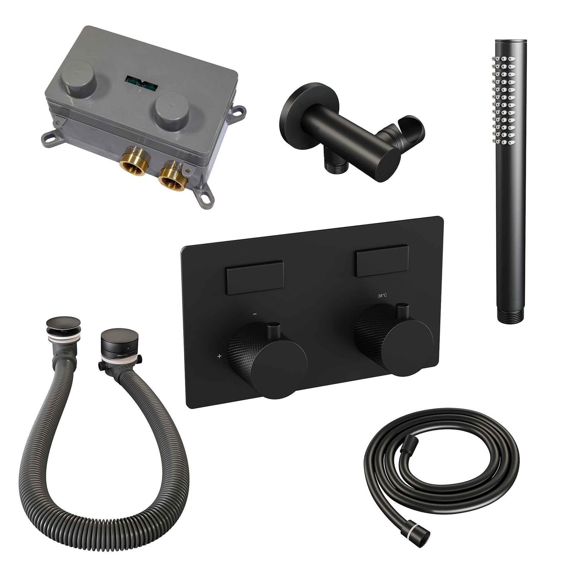 BRAUER Black Carving thermostatische inbouw badkraan met drukknoppen SET 03 met badvulcombinatie en staaf handdouche en doucheslang en wandaansluitbocht mat zwart