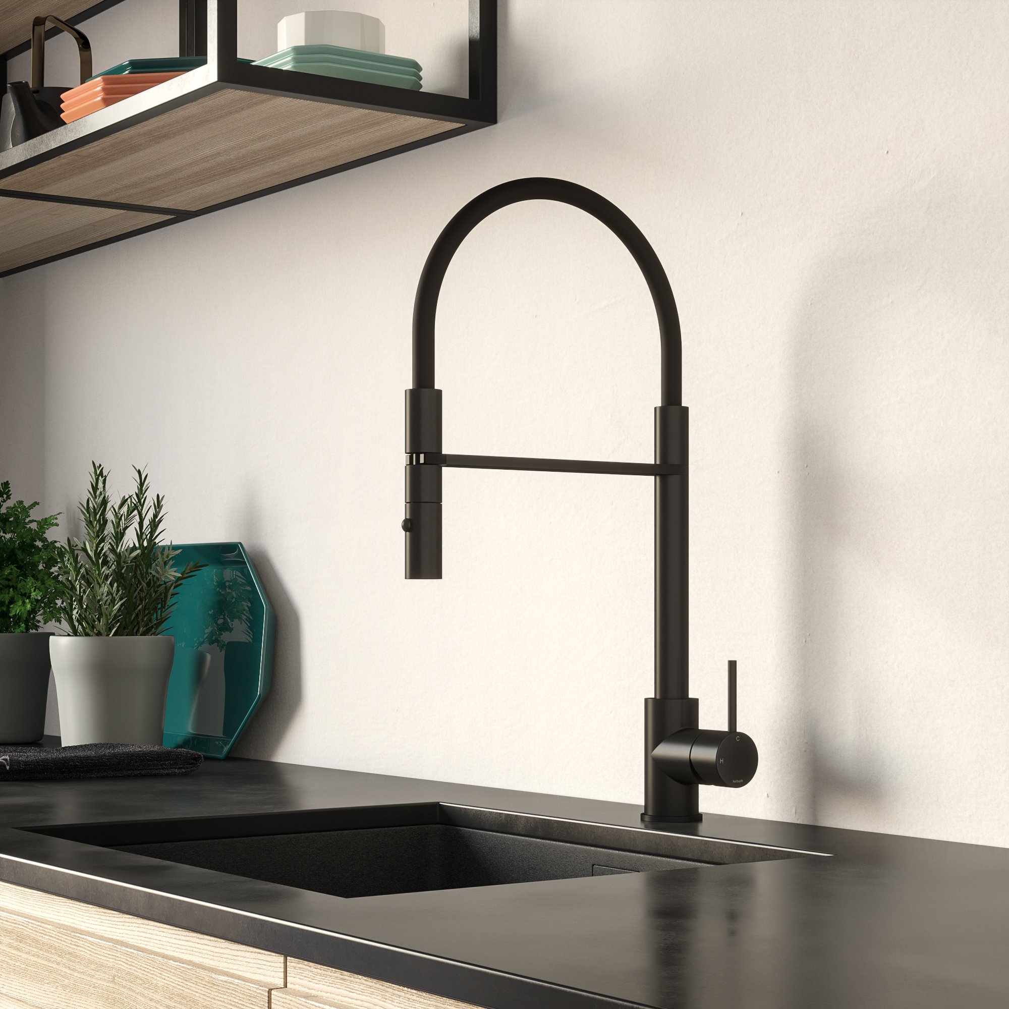 Hotbath Fellow Opbouw Keukenmengkraan met draaibare uitloop en flexibele uitneembare handdouche Mat Zwart