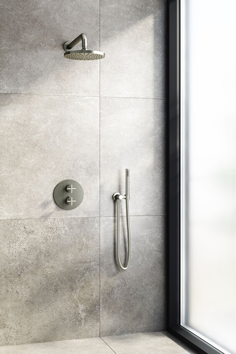 Hotbath Chap Inbouw Regendoucheset Rond Met 2-Weg-Omstel, Wandarm, Hoofddouche 20cm En Staafhanddouche Geborsteld Nikkel