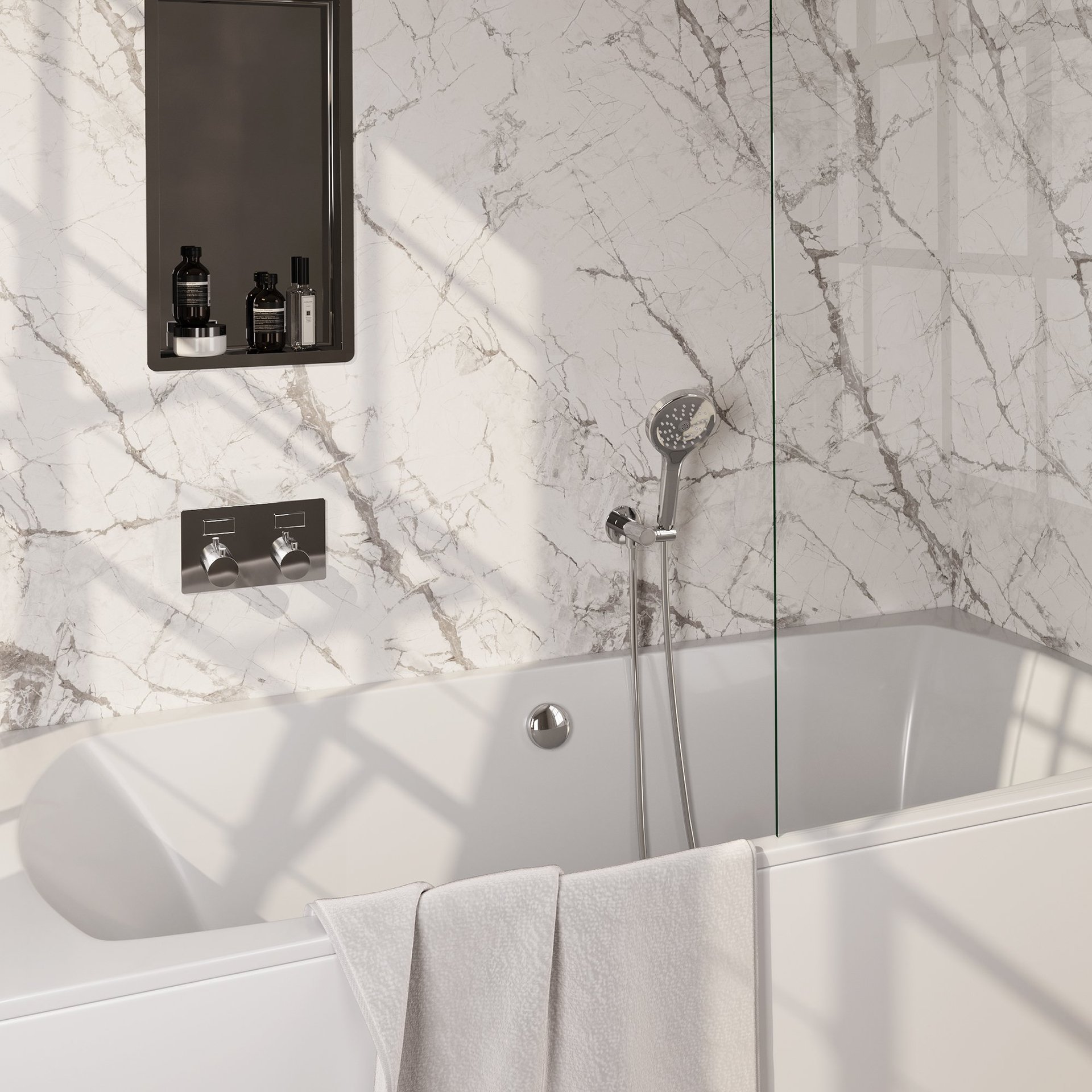 BRAUER Brushed Carving thermostatische inbouw badkraan met drukknoppen SET 04 met badvulcombinatie en 3-standen handdouche en doucheslang en wandaansluitbocht RVS geborsteld PVD