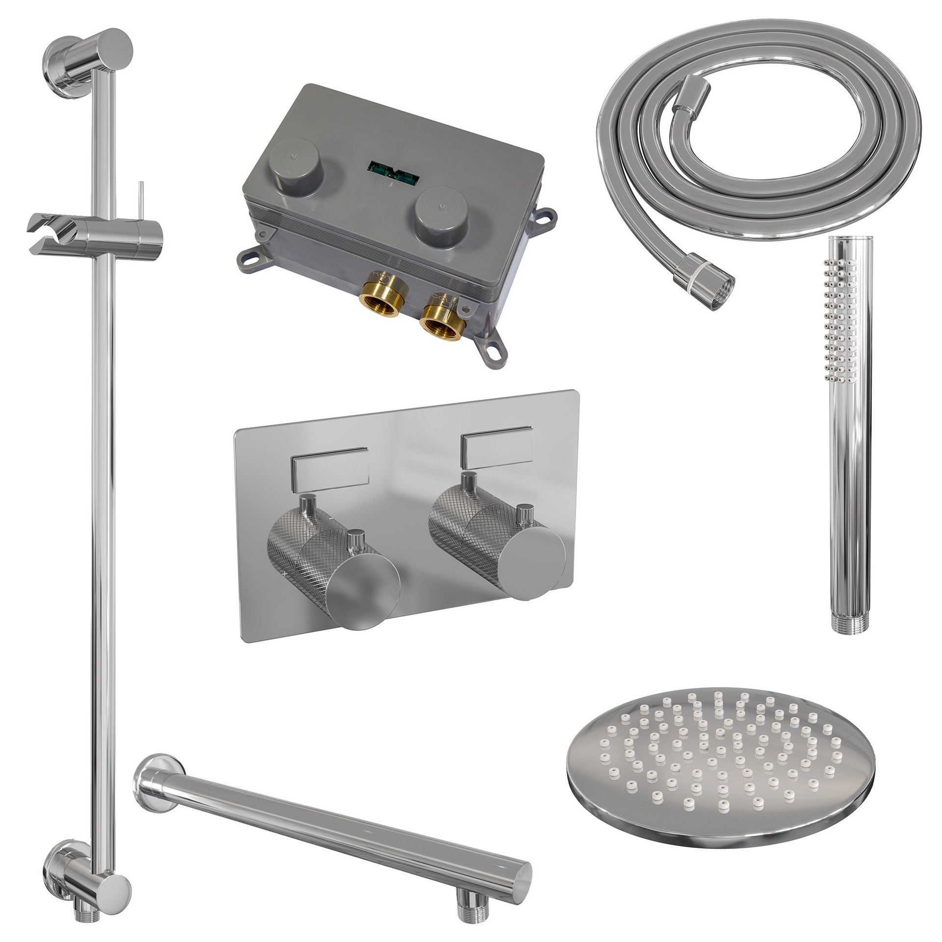 BRAUER Chrome Carving thermostatische inbouw regendouche met drukknoppen SET 61 met 20 cm douchekop en rechte muurarm en staaf handdouche en doucheslang en geïntegreerde glijstang chroom