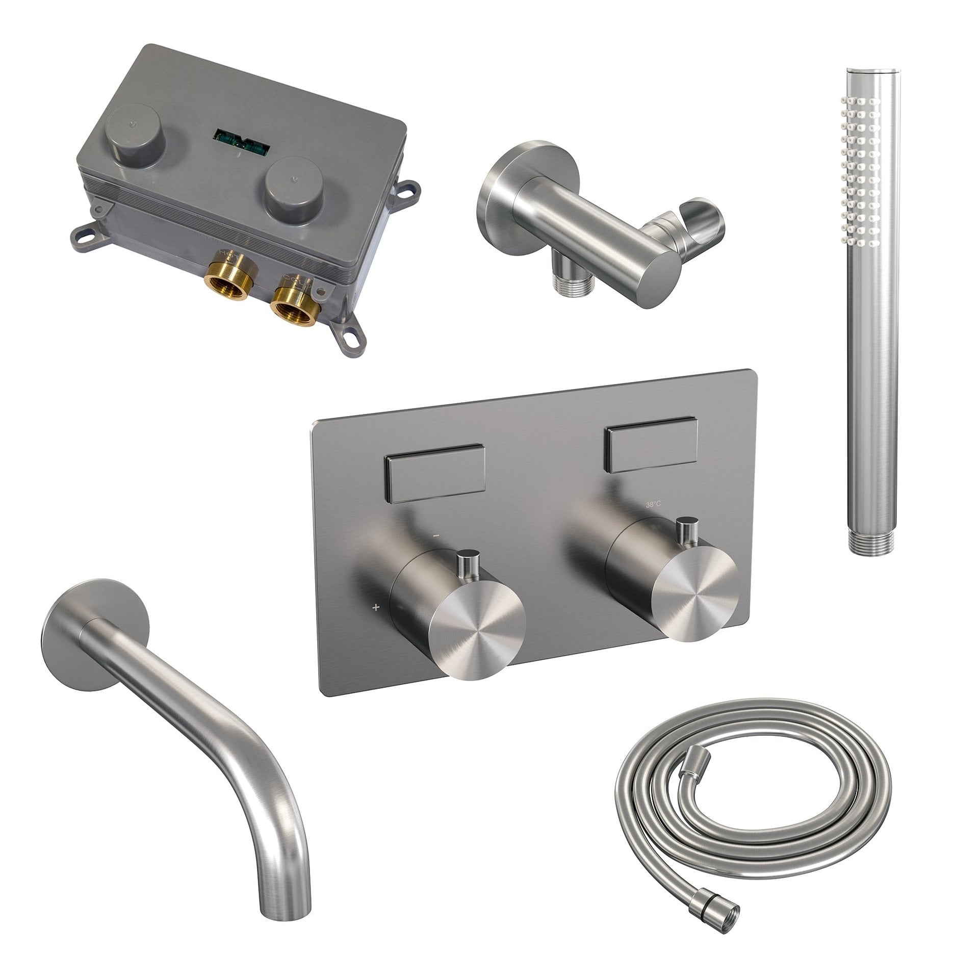 BRAUER Brushed Edition thermostatische inbouw badkraan met drukknoppen SET 03 met uitloop en staaf handdouche en doucheslang en wandaansluitbocht RVS geborsteld PVD