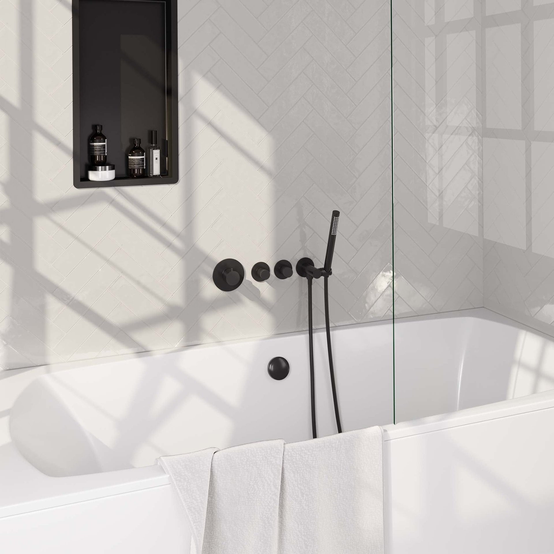 BRAUER Black Edition thermostatische inbouw badkraan SET 01 met badvulcombinatie en staaf handdouche en doucheslang en wandaansluitbocht mat zwart