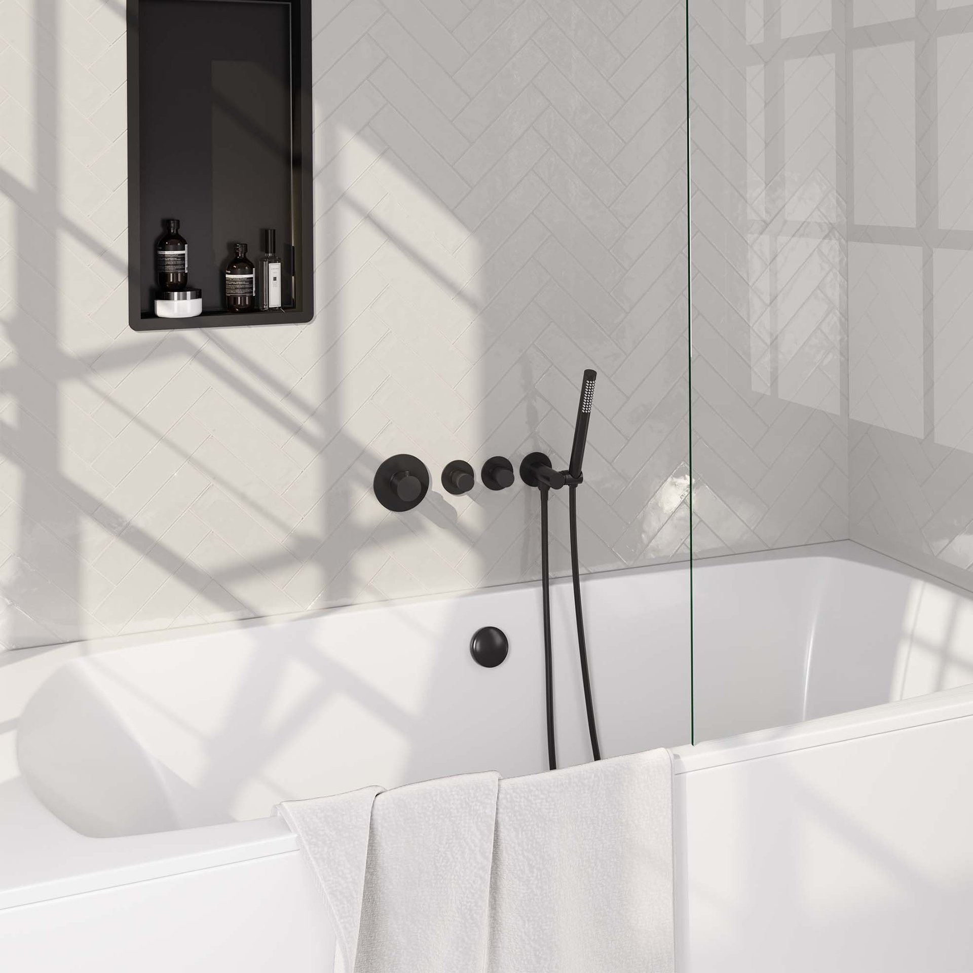 BRAUER Black Edition thermostatische inbouw badkraan SET 01 met badvulcombinatie en staaf handdouche en doucheslang en wandaansluitbocht mat zwart