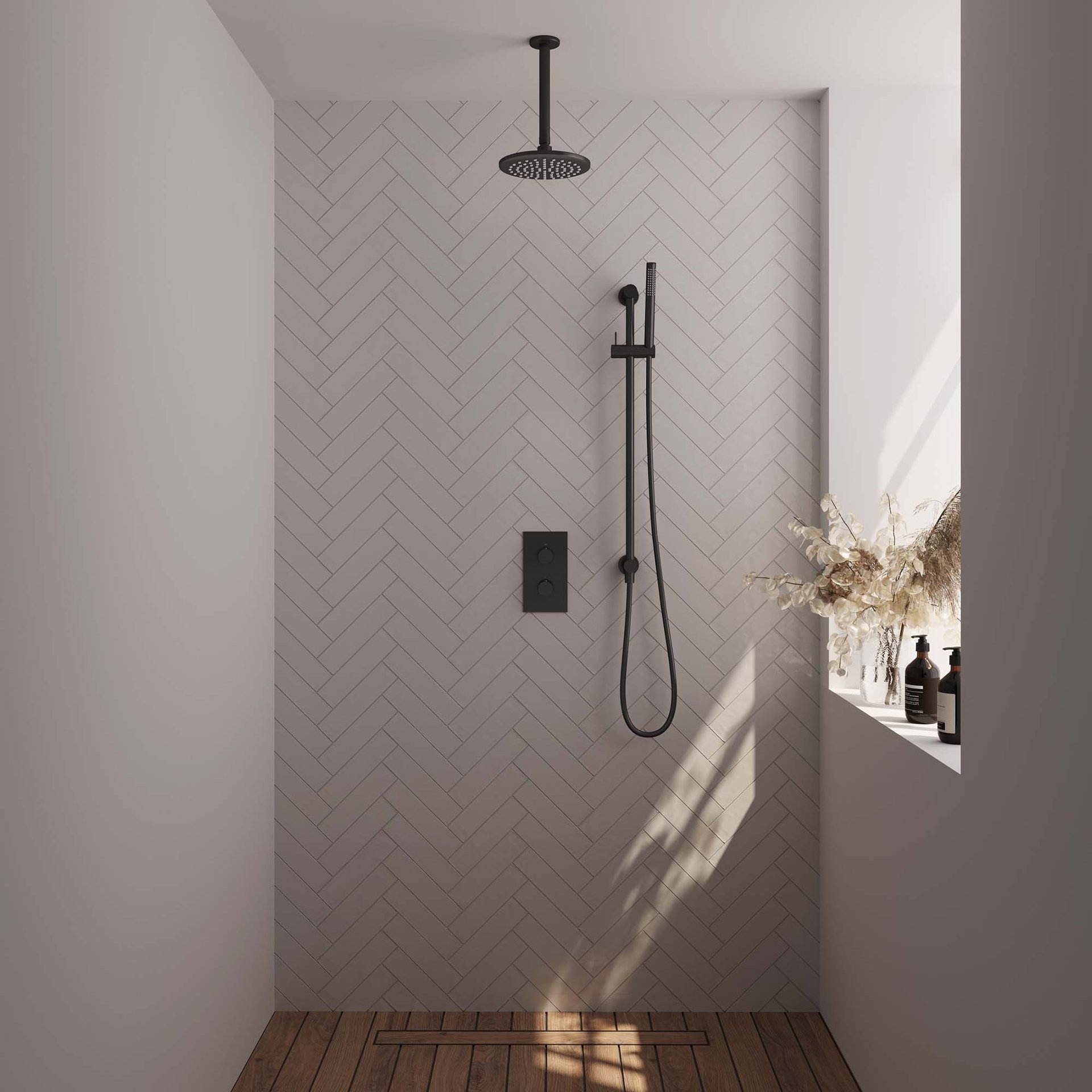 BRAUER Black Edition thermostatische inbouw regendouche 3-weg rechthoekig SET 41 met 20 cm douchekop en plafondarm en staaf handdouche en doucheslang en geïntegreerde glijstang mat zwart