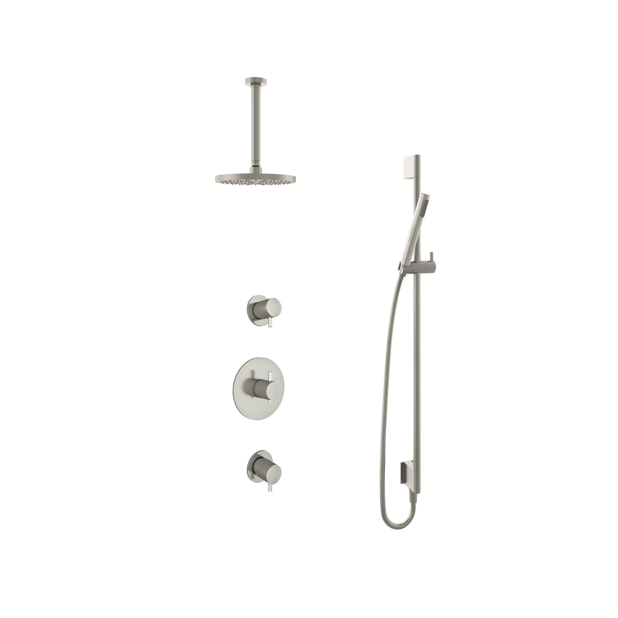 Hotbath Laddy Inbouw Regendoucheset Rond Met 2 Stopkranen, Plafondbuis 30cm, Hoofddouche 20cm, Staafhanddouche En Glijstang Geborsteld Nikkel