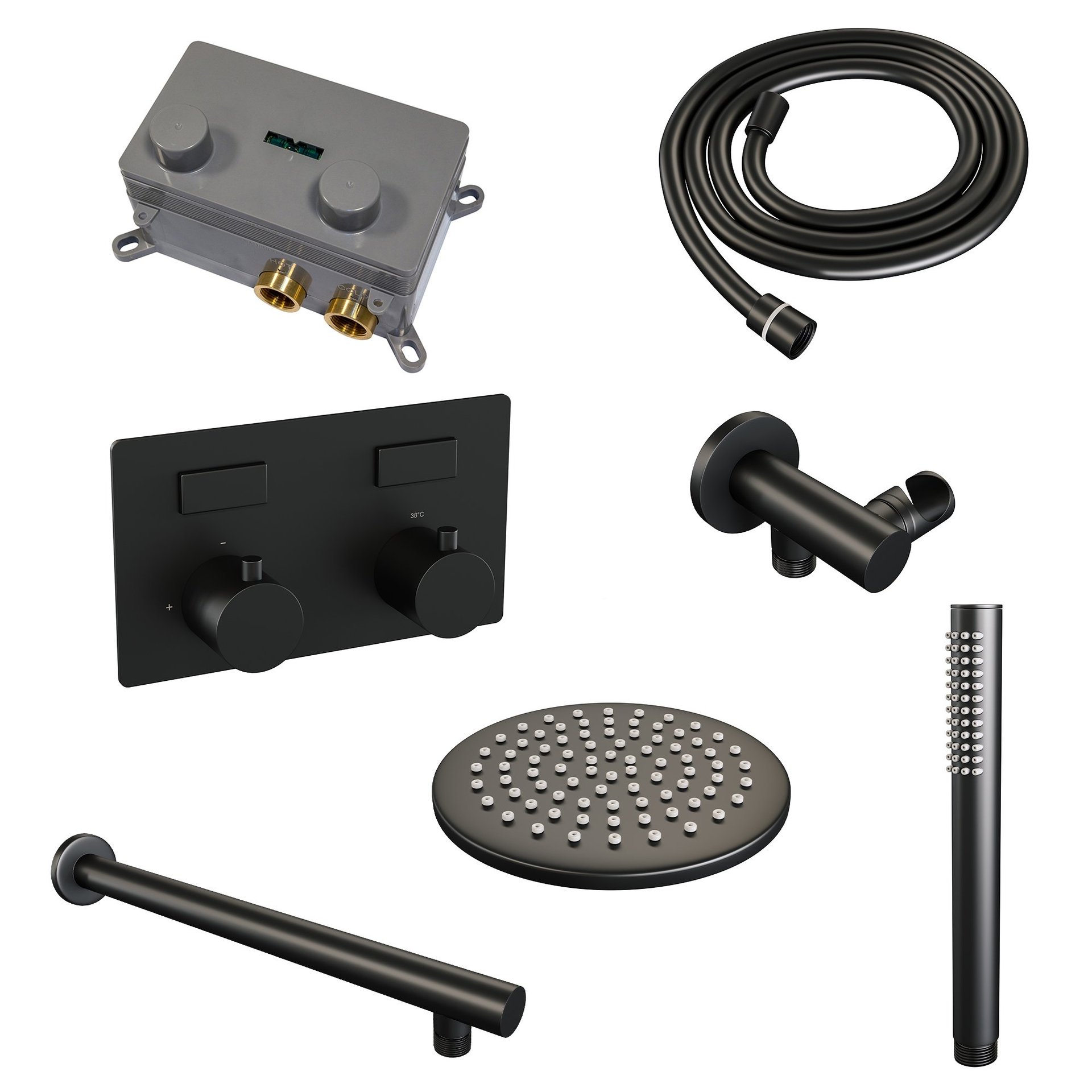 BRAUER Black Edition thermostatische inbouw regendouche met drukknoppen SET 49 met 20 cm douchekop en rechte muurarm en staaf handdouche en doucheslang en wandaansluitbocht mat zwart