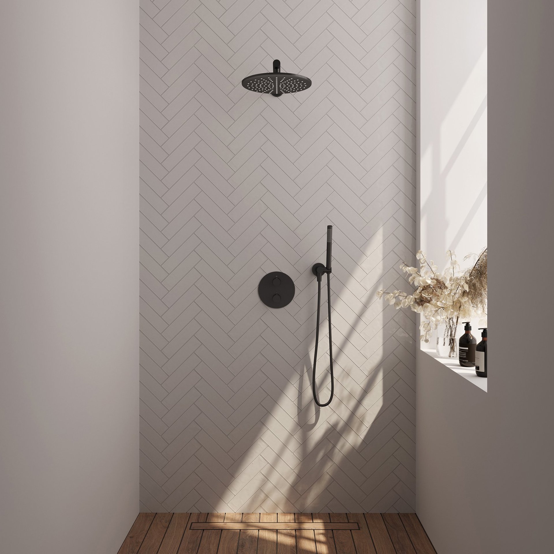 BRAUER Black Carving thermostatische inbouw regendouche 3-weg rond SET 74 met 30 cm douchekop en rechte muurarm en staaf handdouche en doucheslang en wandaansluitbocht mat zwart