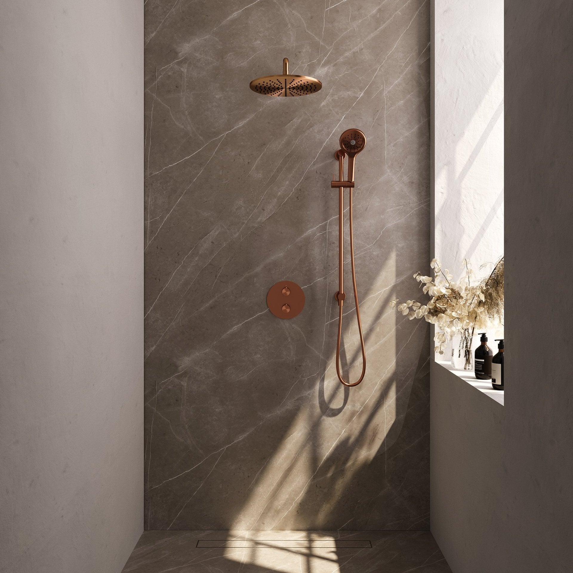 BRAUER Copper Edition thermostatische inbouw regendouche 3-weg rond SET 94 met 30 cm douchekop en gebogen muurarm en 3-standen handdouche en doucheslang en geïntegreerde glijstang koper geborsteld PVD