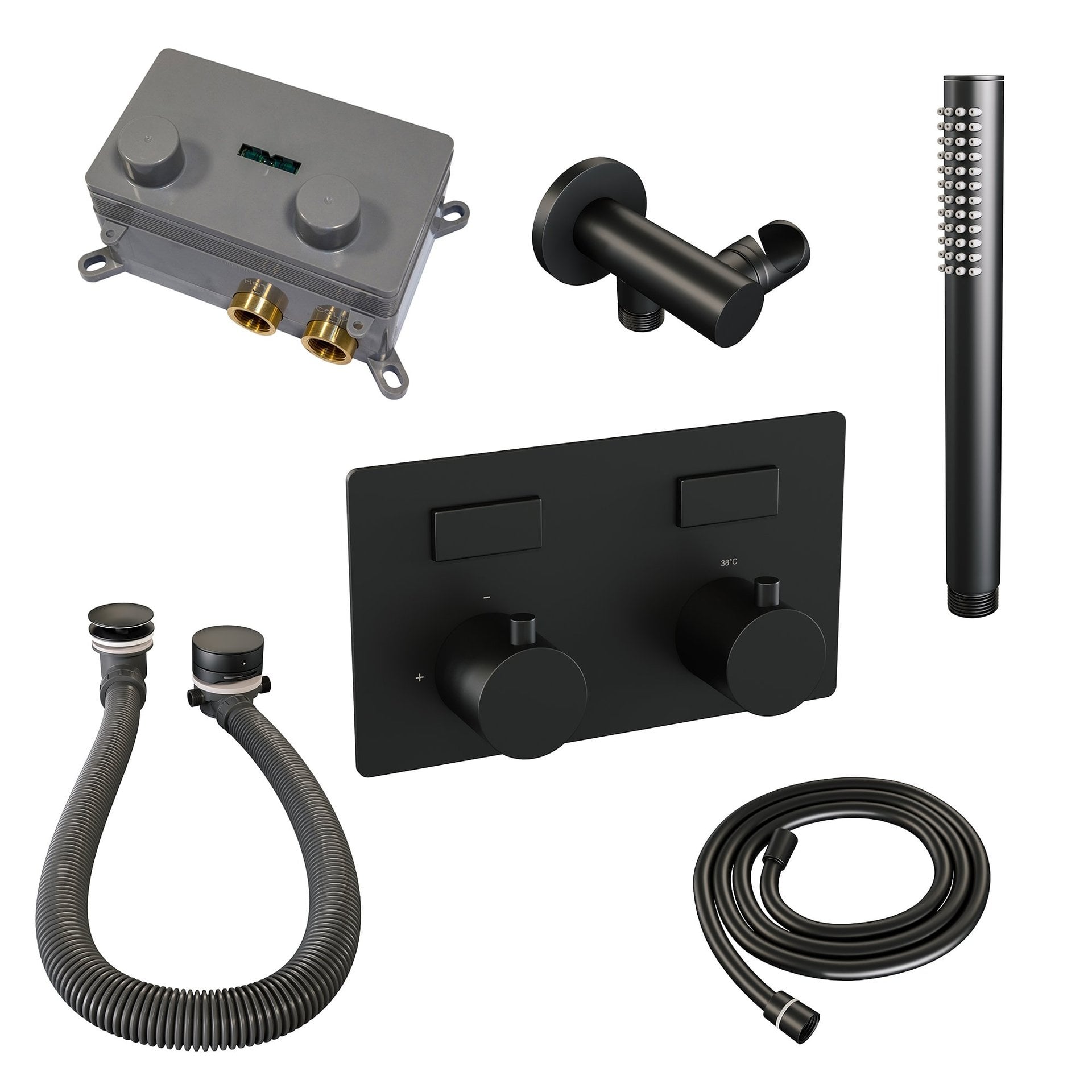 BRAUER Black Edition thermostatische inbouw badkraan met drukknoppen SET 03 met badvulcombinatie en staaf handdouche en doucheslang en wandaansluitbocht mat zwart