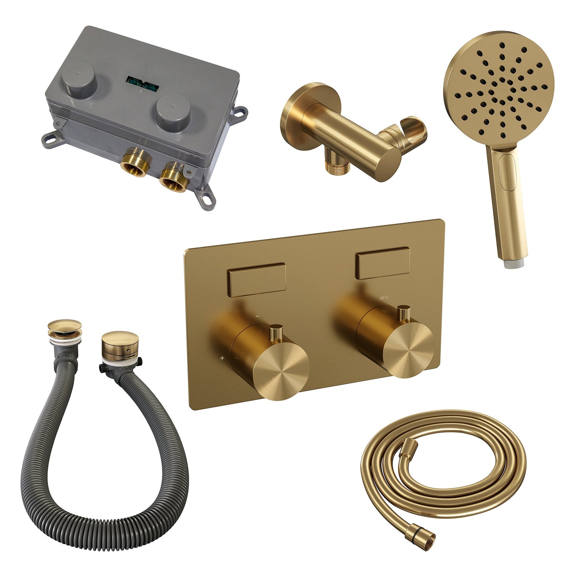 BRAUER Gold Edition thermostatische inbouw badkraan met drukknoppen SET 04 met badvulcombinatie en 3-standen handdouche en doucheslang en wandaansluitbocht goud geborsteld PVD