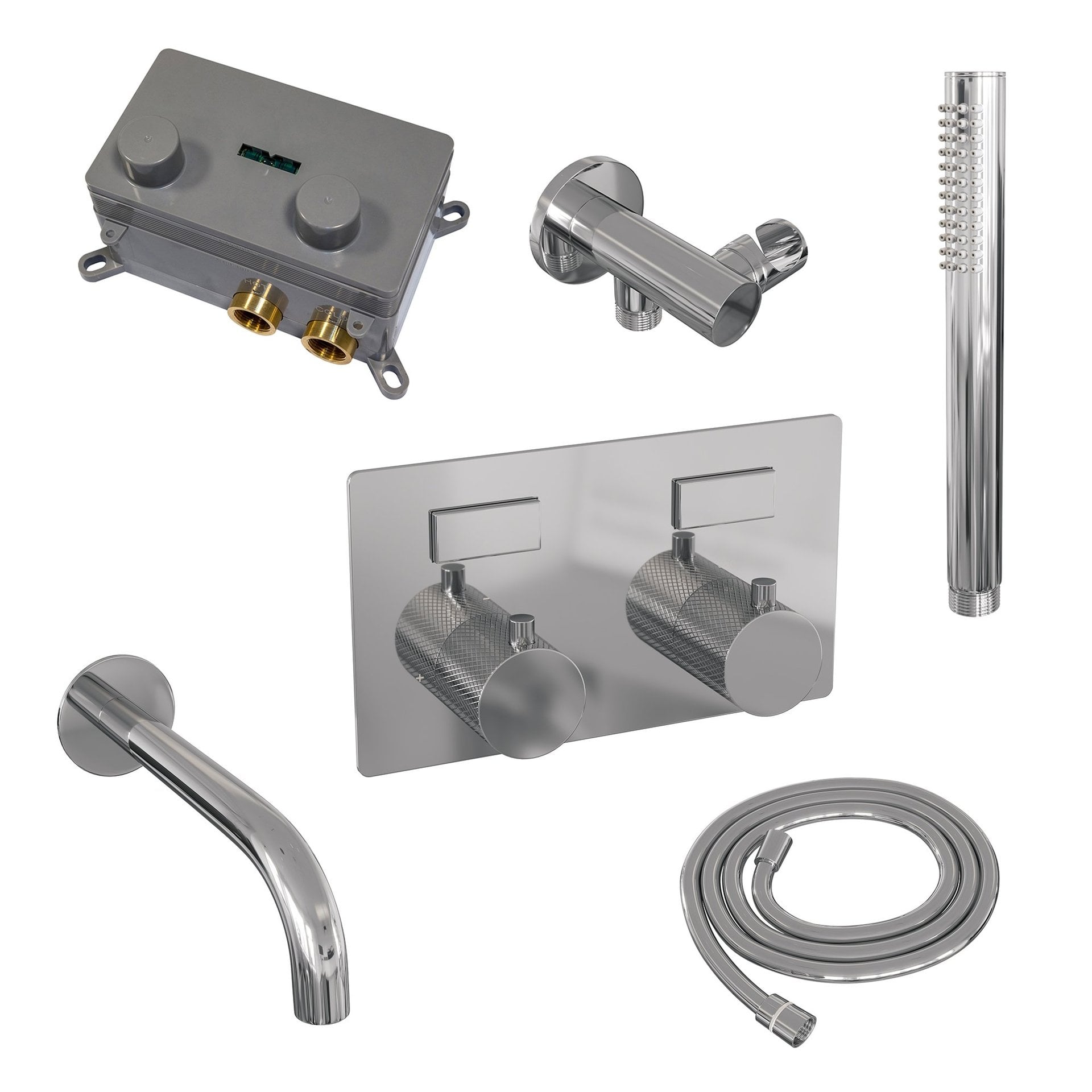 BRAUER Chrome Carving thermostatische inbouw badkraan met drukknoppen SET 03 met uitloop en staaf handdouche en doucheslang en wandaansluitbocht chroom