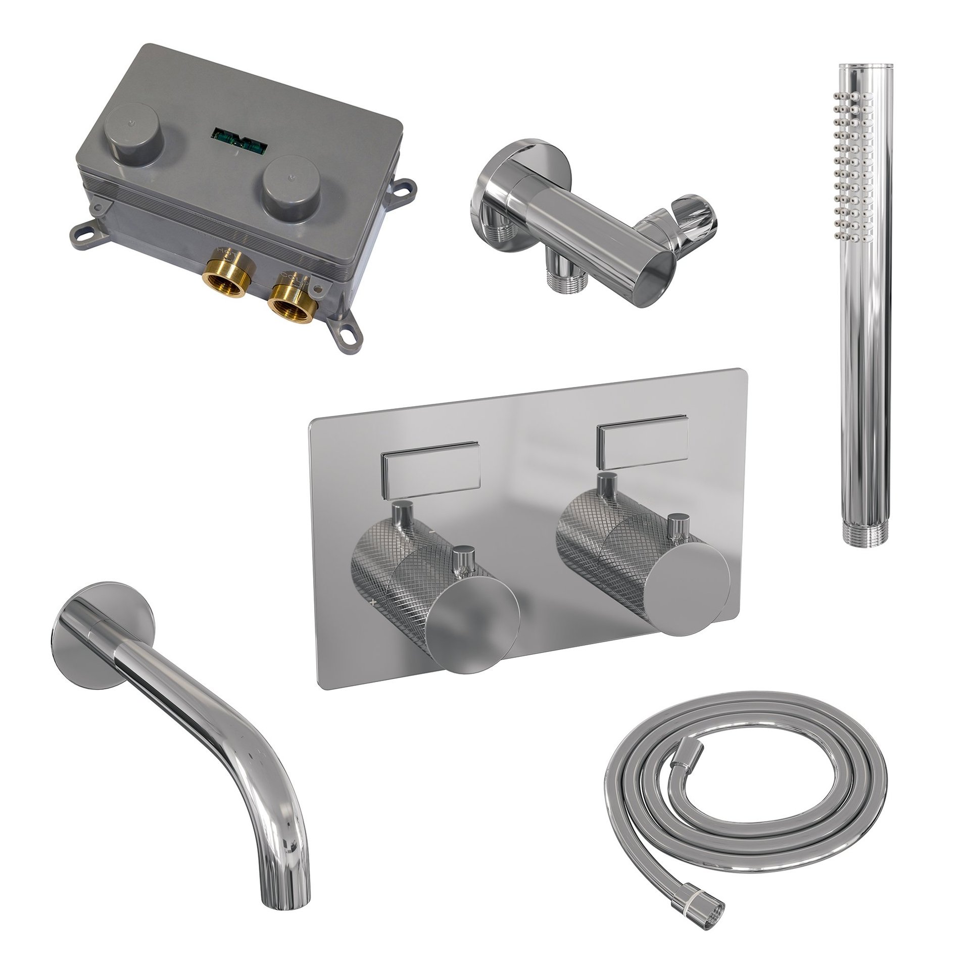 BRAUER Chrome Carving thermostatische inbouw badkraan met drukknoppen SET 03 met uitloop en staaf handdouche en doucheslang en wandaansluitbocht chroom