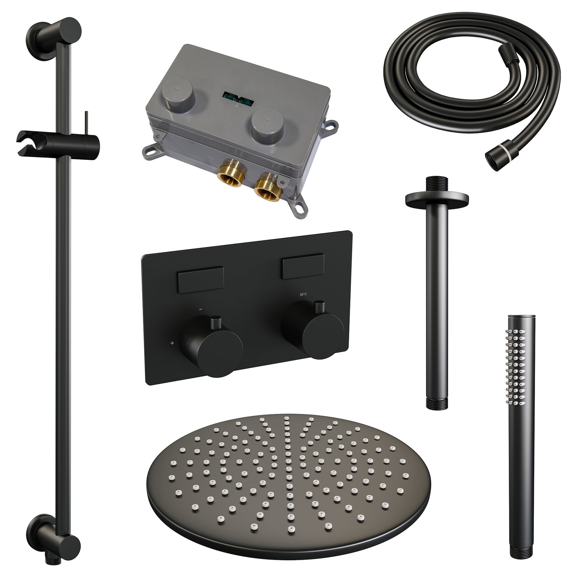 BRAUER Black Edition thermostatische inbouw regendouche met drukknoppen SET 66 met 30 cm douchekop en plafondarm en staaf handdouche en doucheslang en geïntegreerde glijstang mat zwart