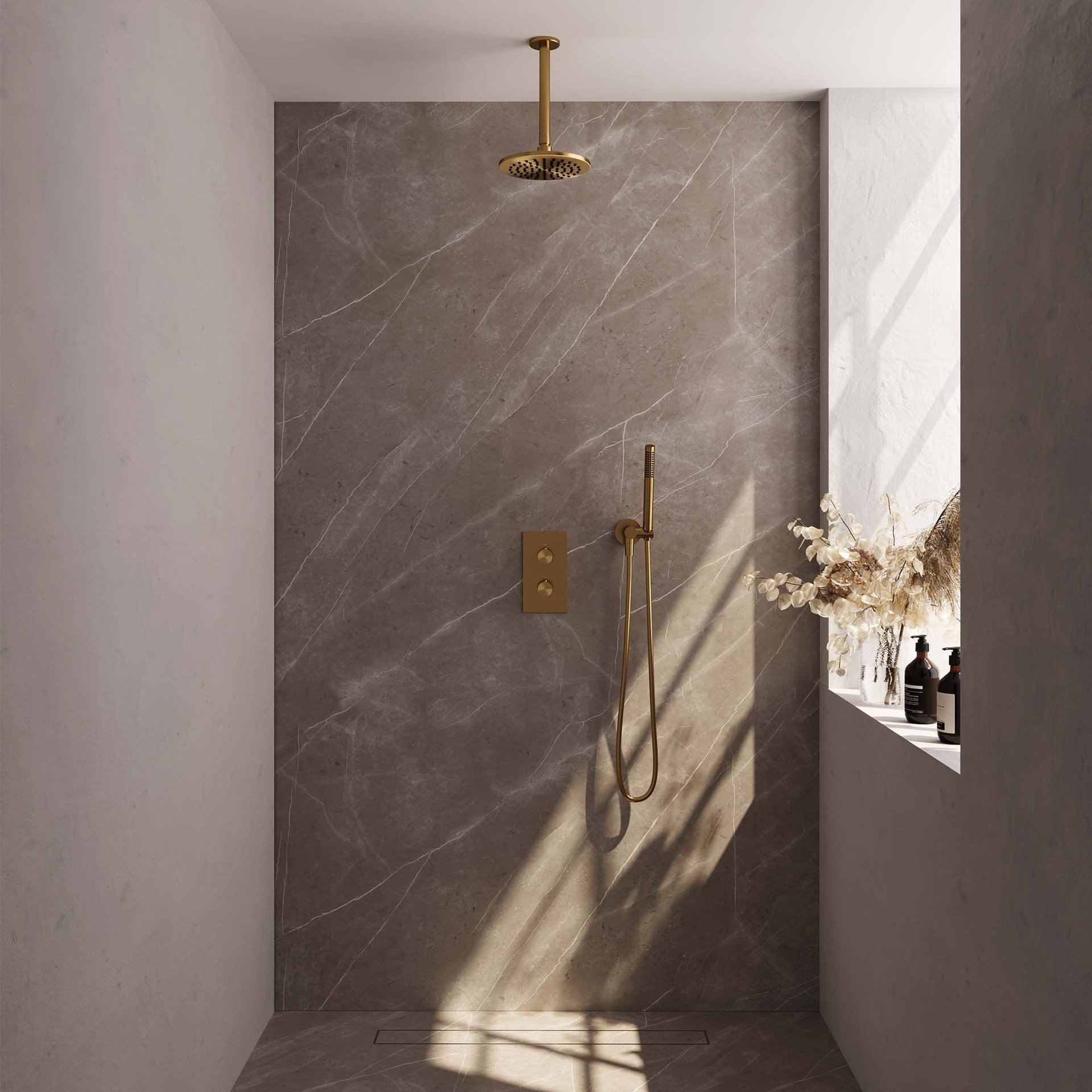 BRAUER Gold Edition thermostatische inbouw regendouche 3-weg rechthoekig SET 29 met 20 cm douchekop en plafondarm en staaf handdouche en doucheslang en wandaansluitbocht goud geborsteld PVD