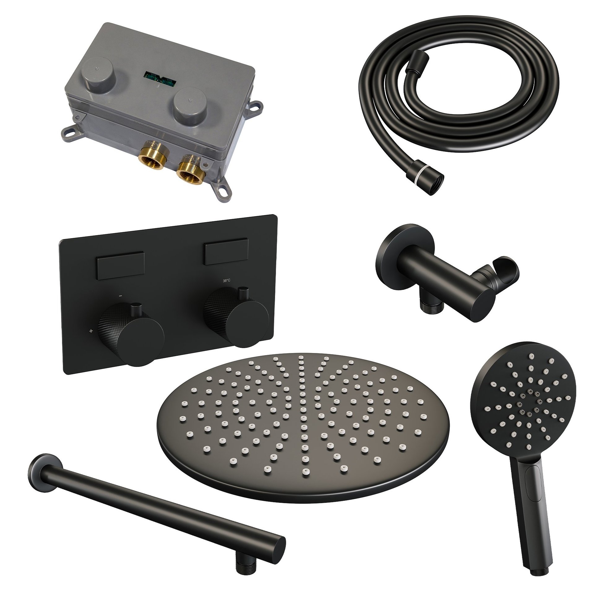 BRAUER Black Carving thermostatische inbouw regendouche met drukknoppen SET 56 met 30 cm douchekop en rechte muurarm en 3-standen handdouche en doucheslang en wandaansluitbocht mat zwart