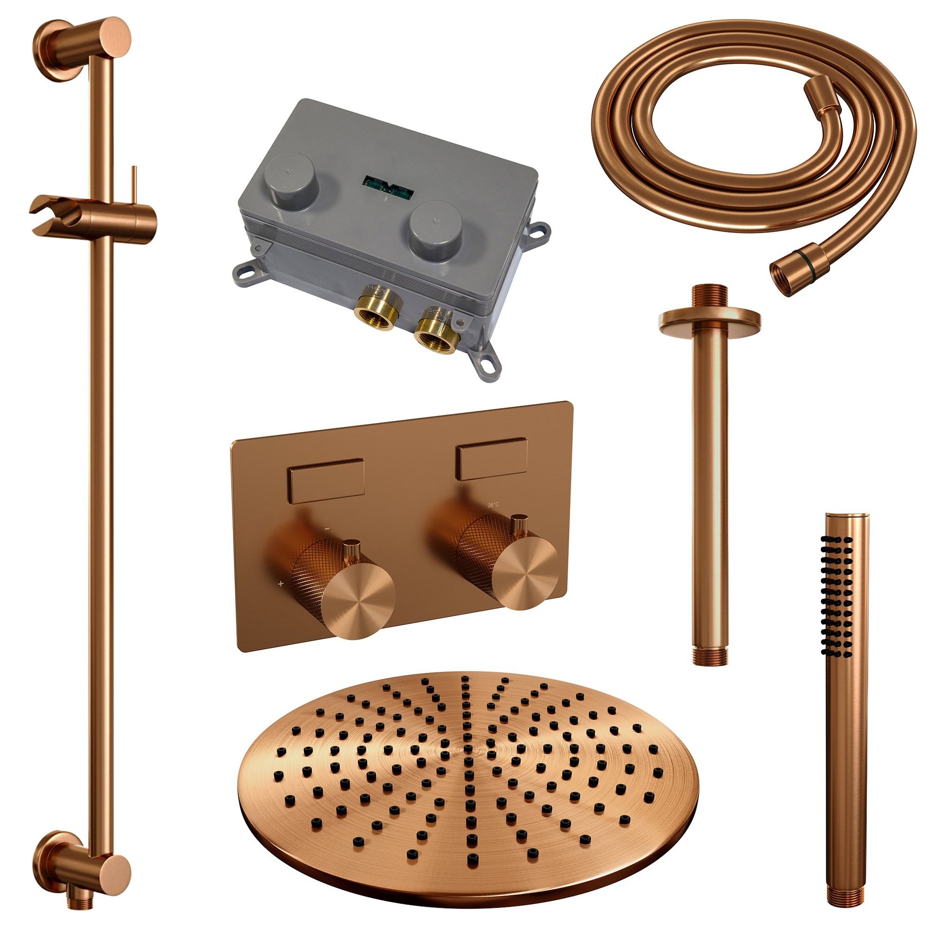 BRAUER Copper Carving thermostatische inbouw regendouche met drukknoppen SET 66 met 30 cm douchekop en plafondarm en staaf handdouche en doucheslang en geïntegreerde glijstang koper geborsteld PVD