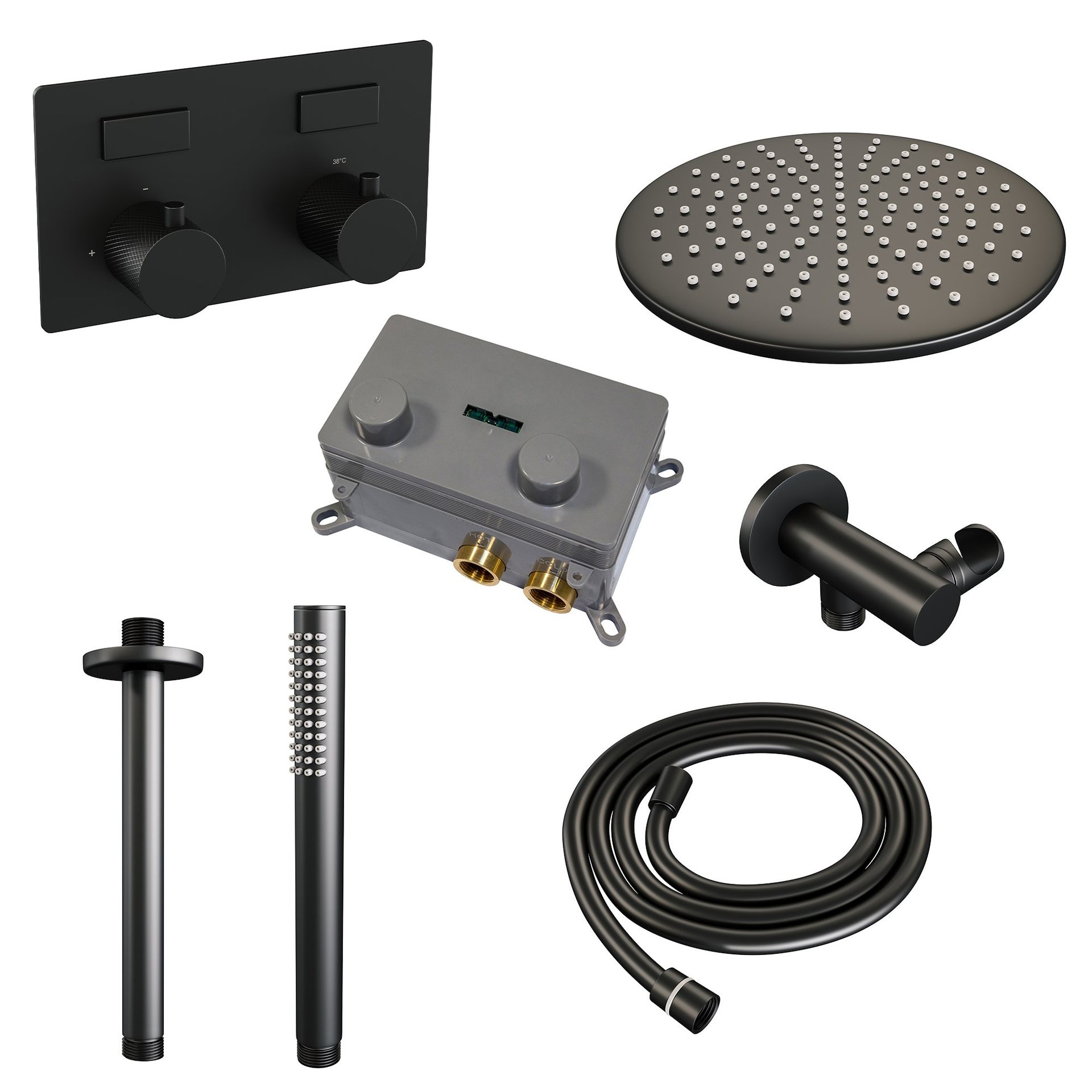 BRAUER Black Carving thermostatische inbouw regendouche met drukknoppen SET 54 met 30 cm douchekop en plafondarm en staaf handdouche en doucheslang en wandaansluitbocht mat zwart