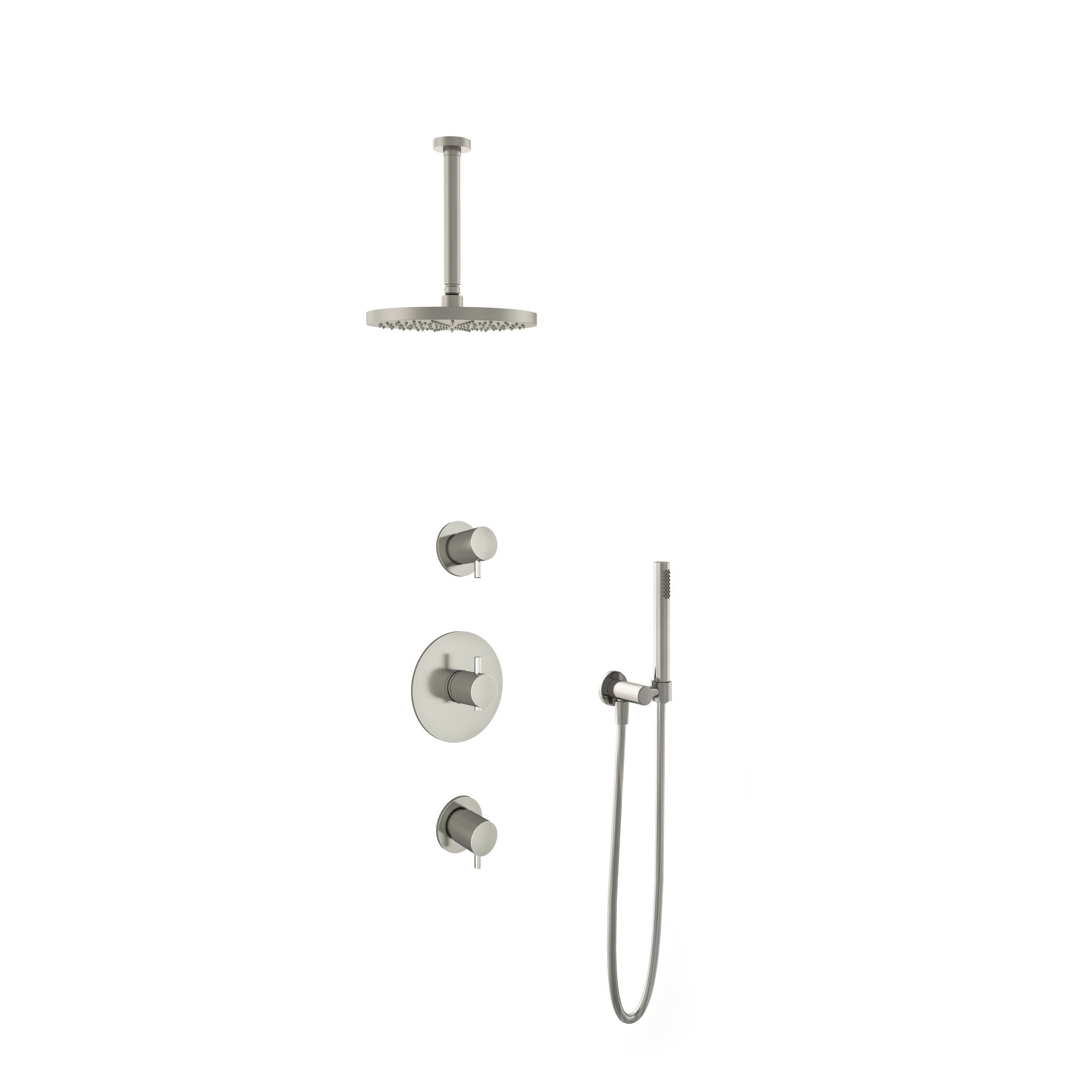 Hotbath Laddy Inbouw Regendoucheset Rond Met 2 Stopkranen, Plafondbuis 30cm, Hoofddouche 25cm En Staafhanddouche Geborsteld Nikkel
