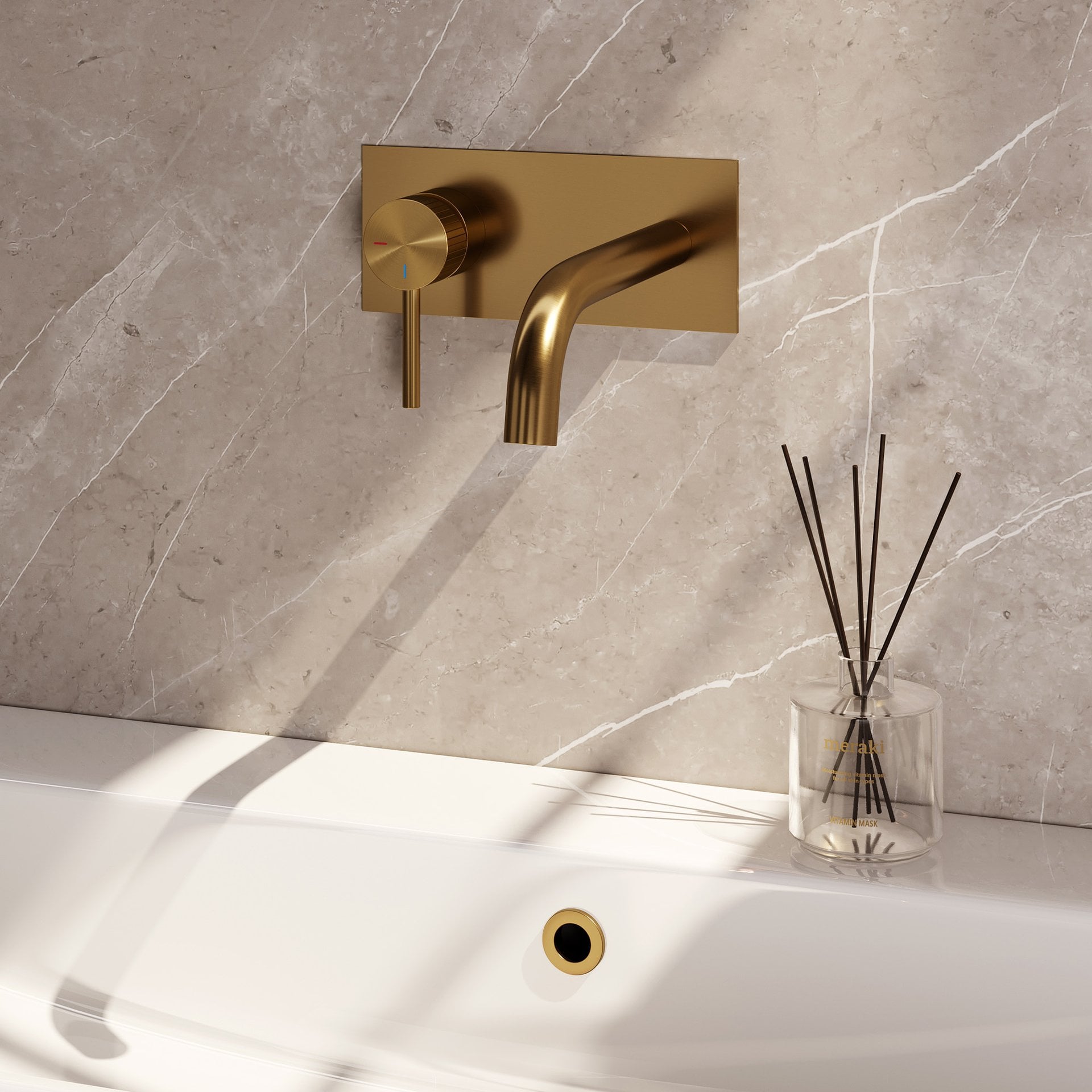 BRAUER Stripe inbouw wastafelmengkraan met gebogen uitloop en afdekplaat model A2 goud geborsteld PVD