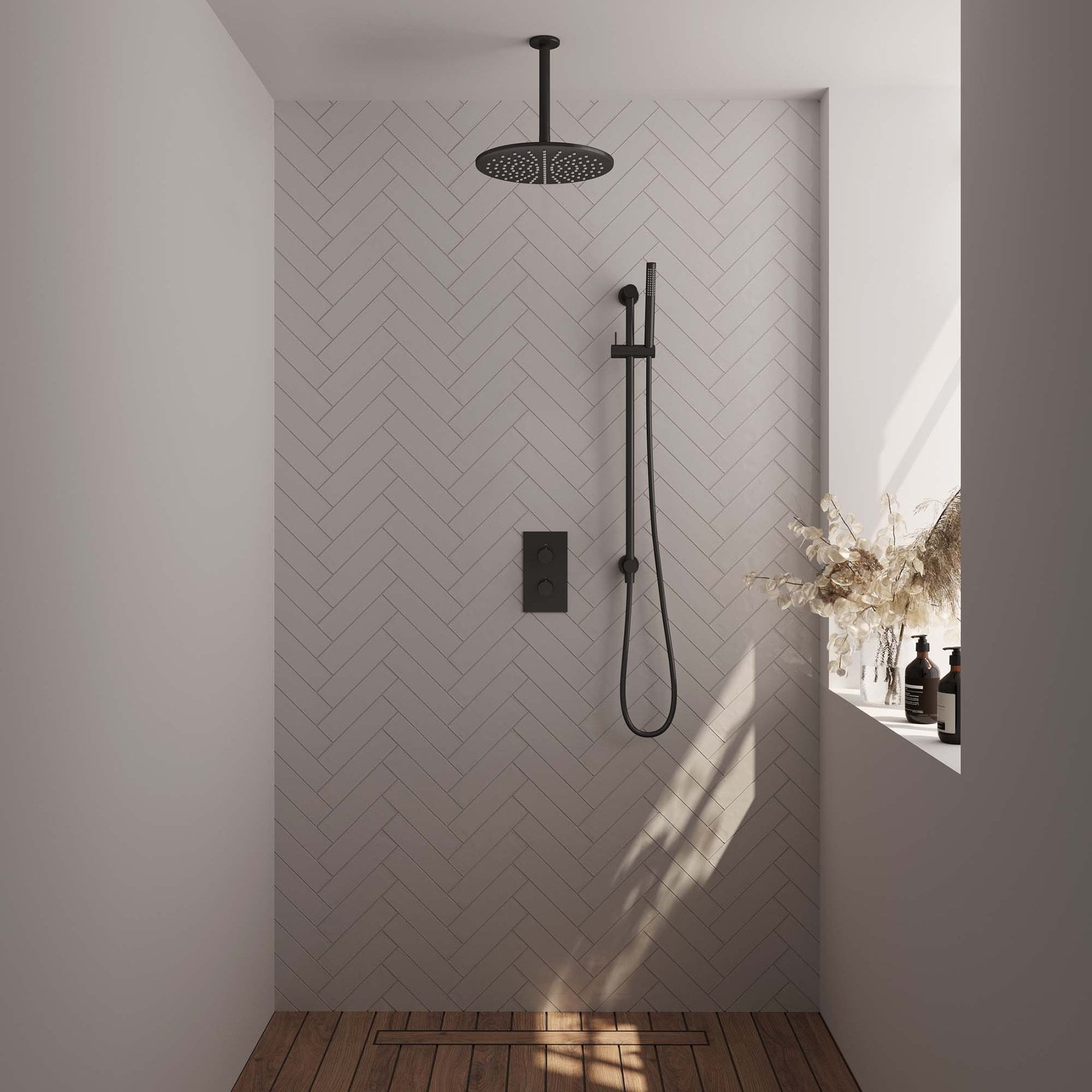 BRAUER Black Edition thermostatische inbouw regendouche 3-weg rechthoekig SET 42 met 30 cm douchekop en plafondarm en staaf handdouche en doucheslang en geïntegreerde glijstang mat zwart