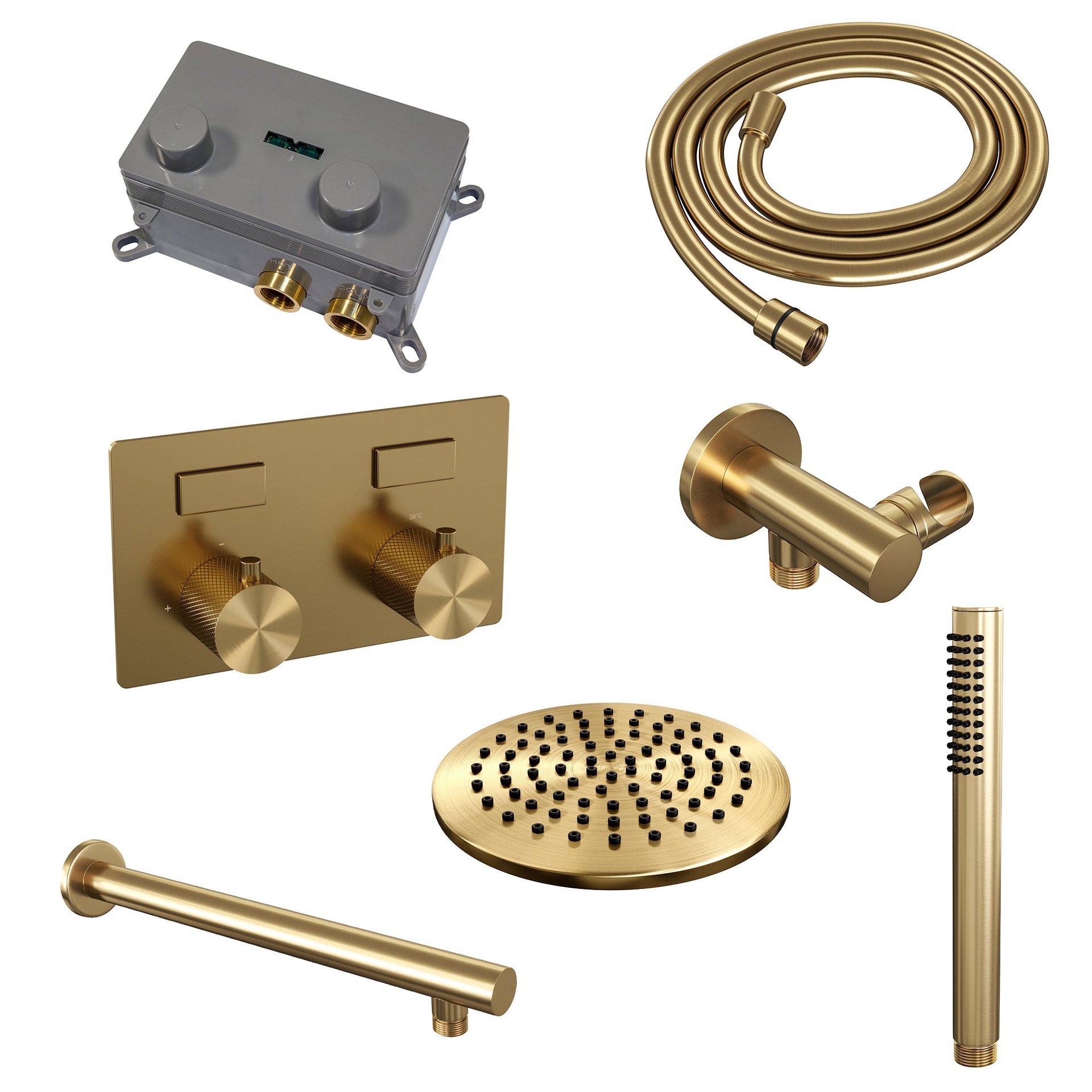 BRAUER Gold Carving thermostatische inbouw regendouche met drukknoppen SET 49 met 20 cm douchekop en rechte muurarm en staaf handdouche en doucheslang en wandaansluitbocht goud geborsteld PVD