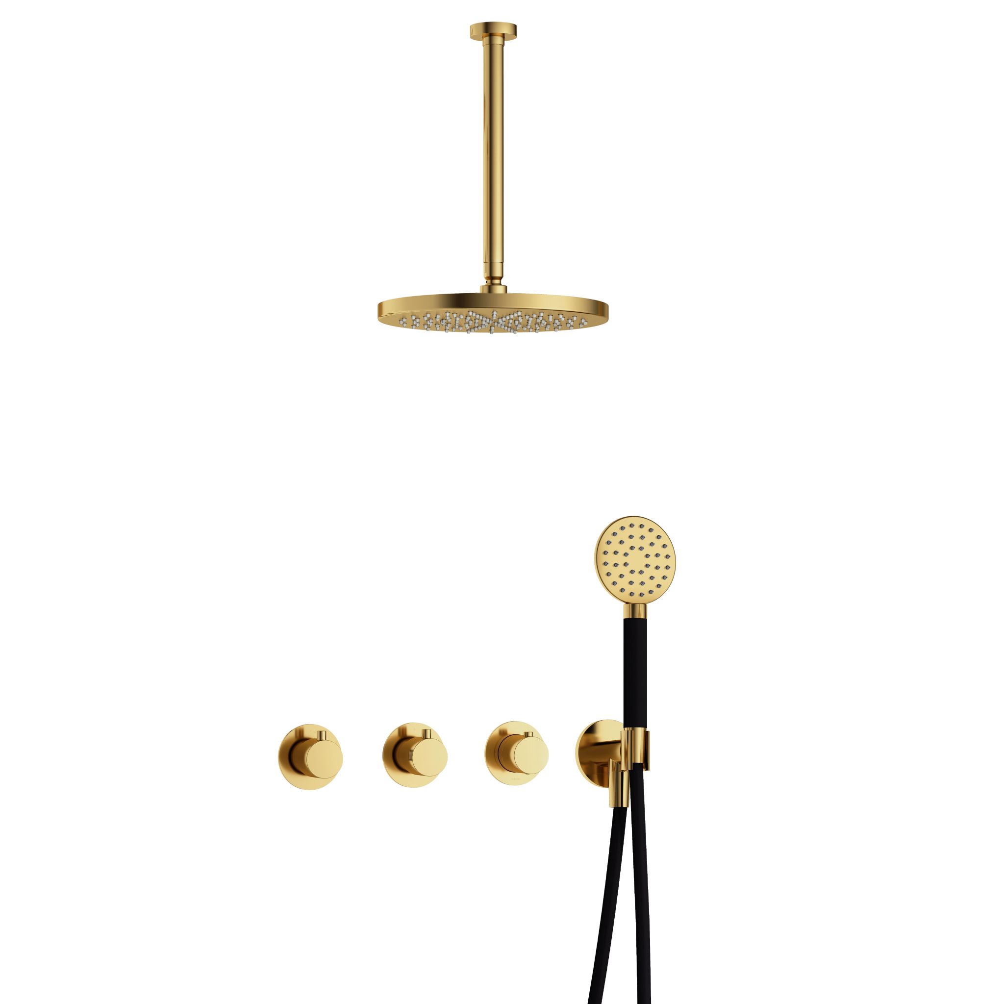 Hotbath Cobber Inbouw Regendoucheset Met Thermostaatkraan, 2 Stopkranen, Plafondbuis 30cm, Hoofddouche 30cm En 3-Standen Handdouche Gepolijst Messing PVD