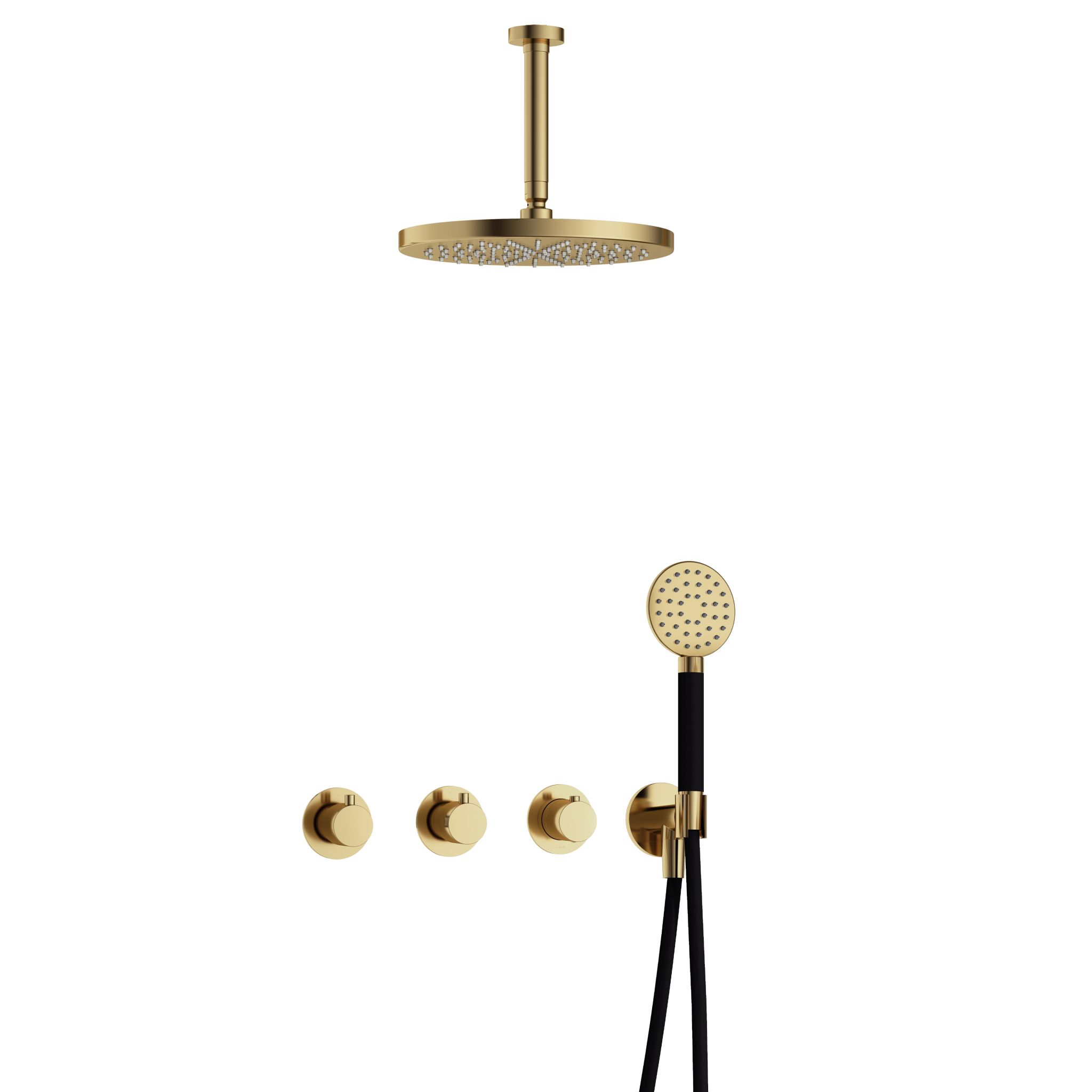 Hotbath Cobber Inbouw Regendoucheset Met Thermostaatkraan, 2 Stopkranen, Plafondbuis 15cm, Hoofddouche 30cm En 3-Standen Handdouche Gepolijst Messing