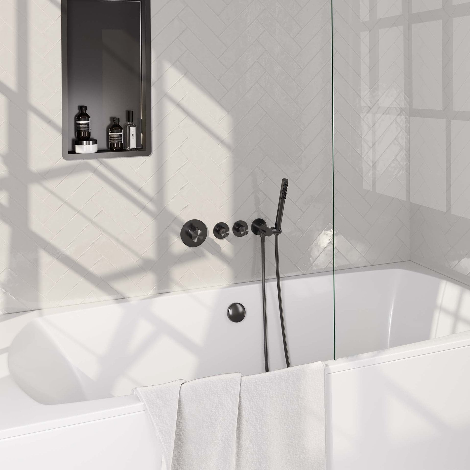 BRAUER Gunmetal Edition thermostatische inbouw badkraan SET 01 met badvulcombinatie en staaf handdouche en doucheslang en wandaansluitbocht gunmetal geborsteld PVD