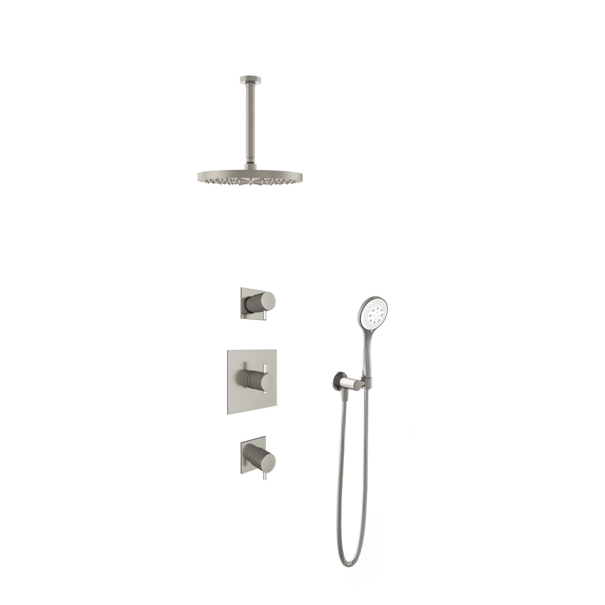 Hotbath Laddy Inbouw Regendoucheset Rond-Vierkant Met 2 Stopkranen, Plafondbuis 30cm, Hoofddouche 30cm En 3-Standen Handdouche Geborsteld Nikkel