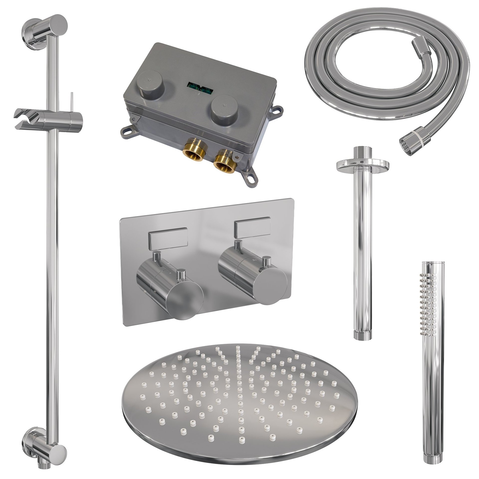 BRAUER Chrome Edition thermostatische inbouw regendouche met drukknoppen SET 66 met 30 cm douchekop en plafondarm en staaf handdouche en doucheslang en geïntegreerde glijstang chroom