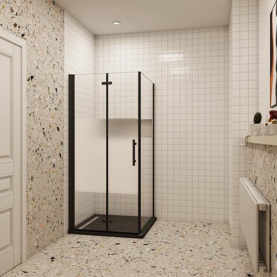 Douchecabine Rechthoek Black Poppy Vouwdeur 76 cm met Vaste Wand 70 cm 6mm Semi Gesatineerd Glas Mat Zwart