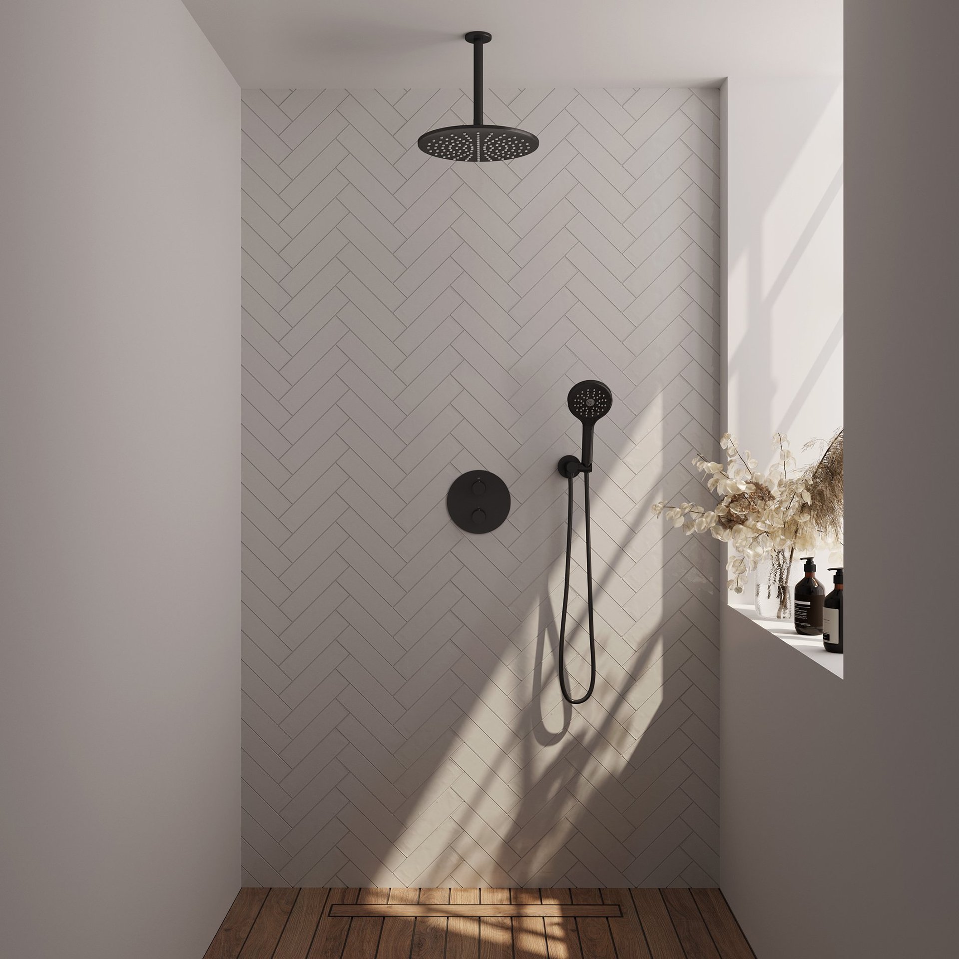 BRAUER Black Edition thermostatische inbouw regendouche 3-weg rond SET 84 met 30 cm douchekop en plafondarm en 3-standen handdouche en doucheslang en wandaansluitbocht mat zwart