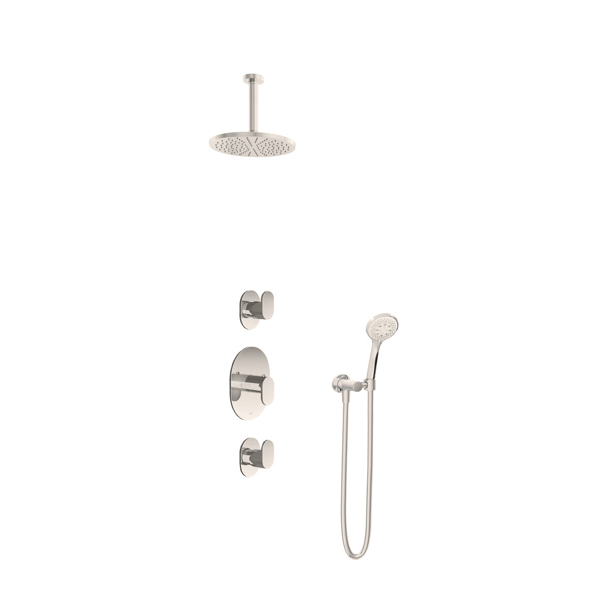 Hotbath Friendo Inbouw Regendoucheset Rond Met 2 Stopkranen, Plafondbuis 15cm, Hoofddouche 20cm En 3-Standen Handdouche Geborsteld Nikkel
